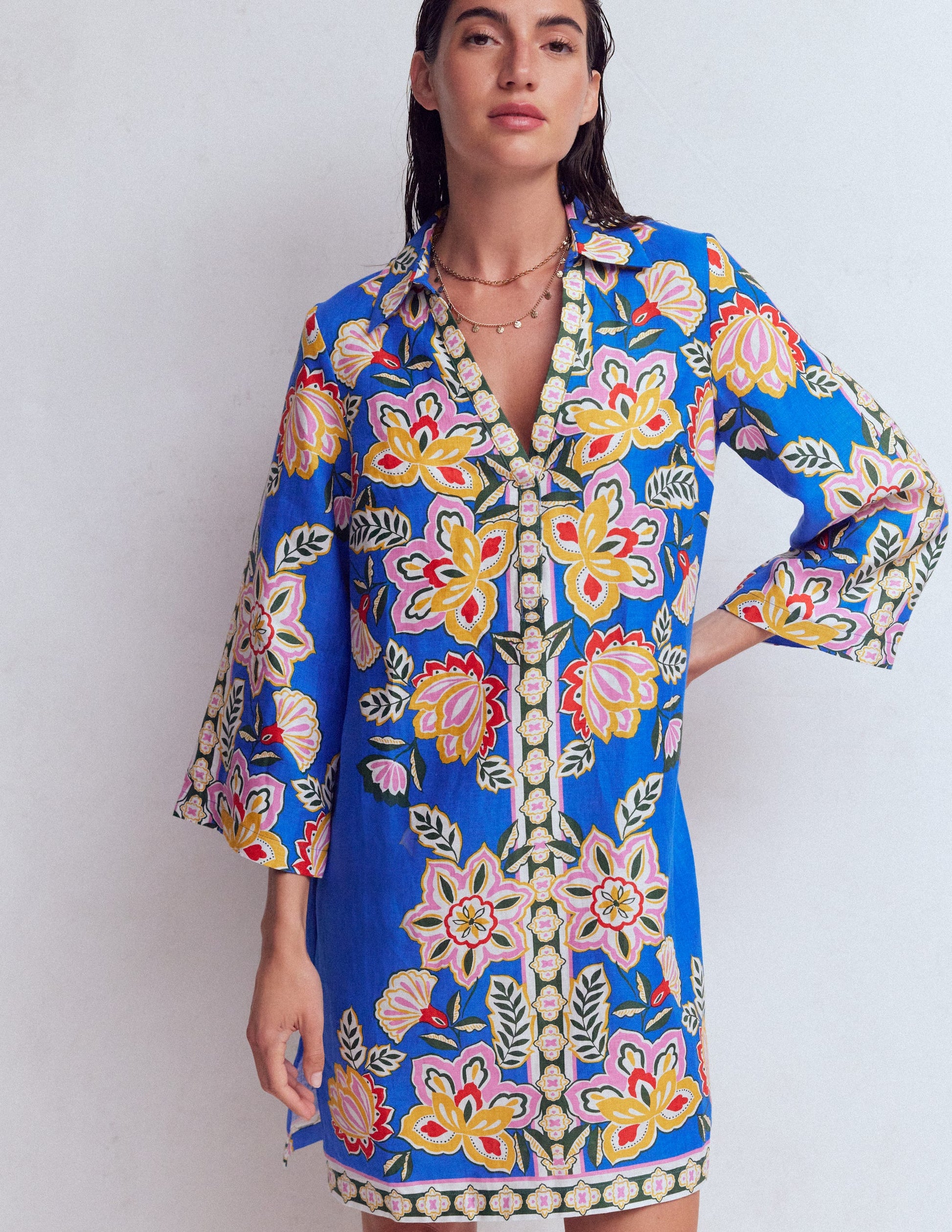 Carmen Kurzes Leinenkleid-Blau, Blüten-Eleganz-5