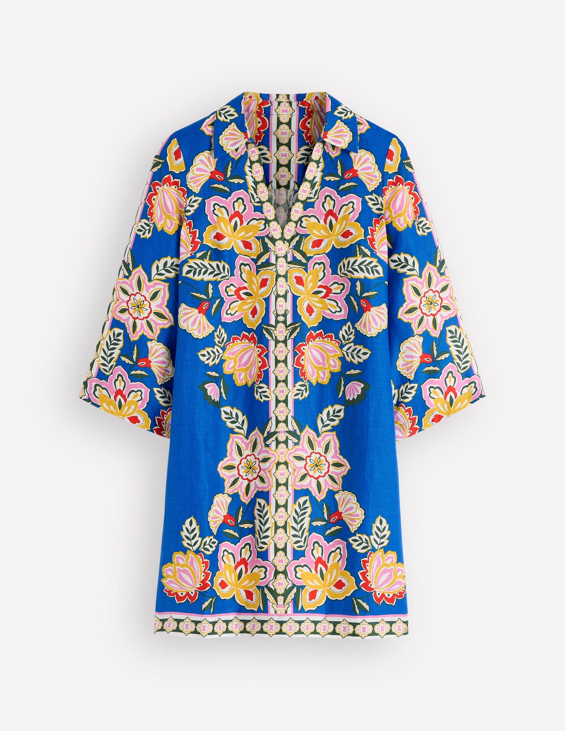 Carmen Kurzes Leinenkleid-Blau, Blüten-Eleganz-6