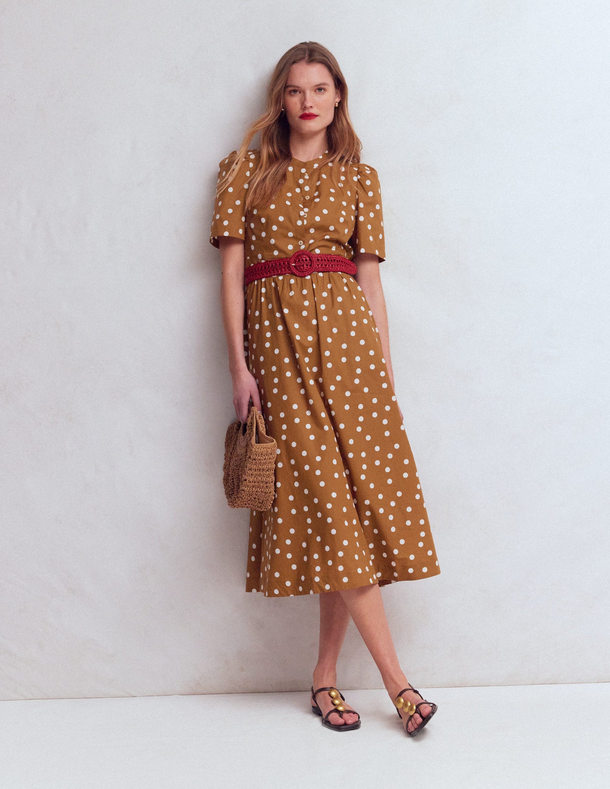 Ivy Placket Cotton Midi Dress-Brown Painted Dot Spaced-1