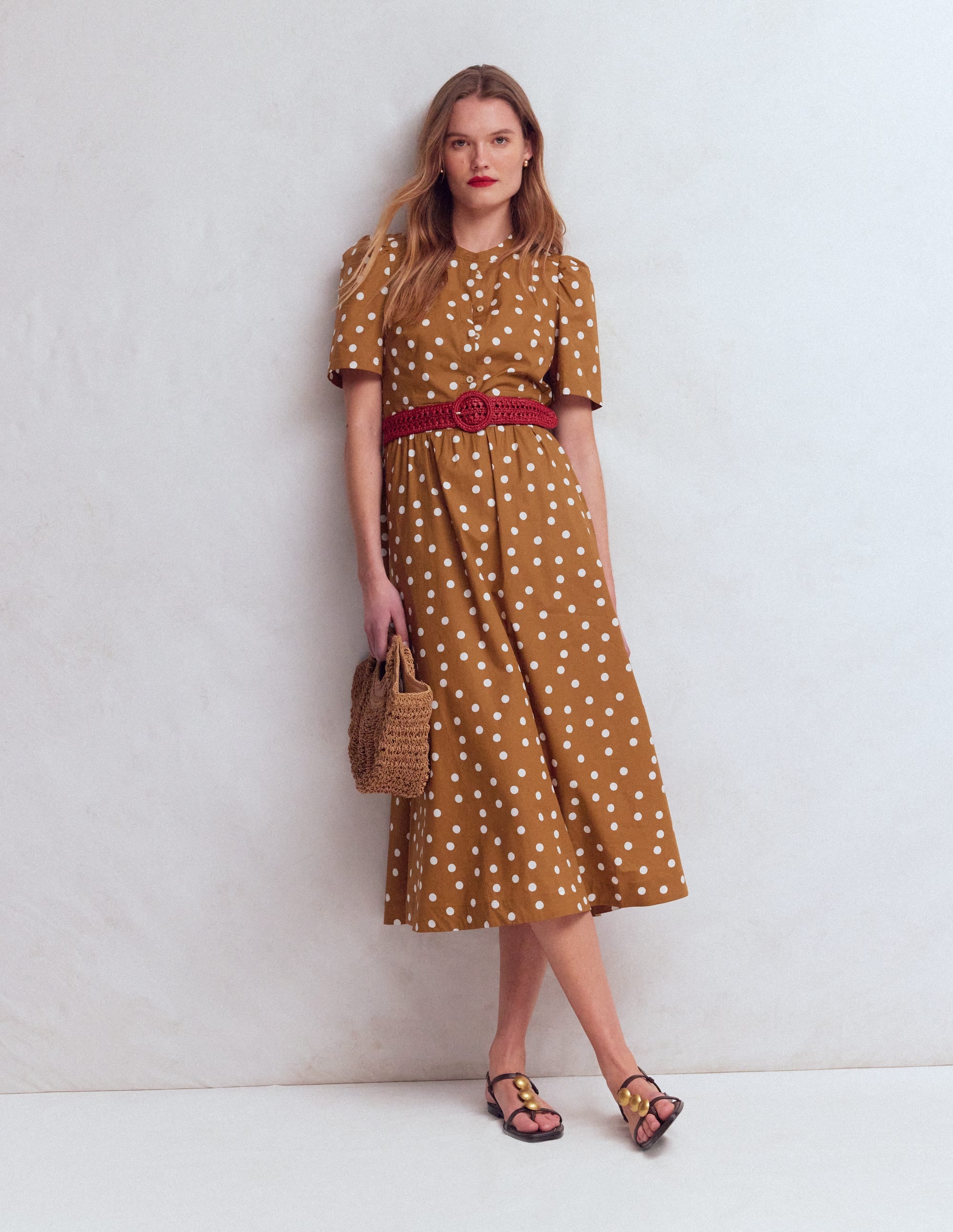 Ivy Baumwoll-Midikleid mit Knopfleiste-Braun Gemalte Tupfen - Image 1