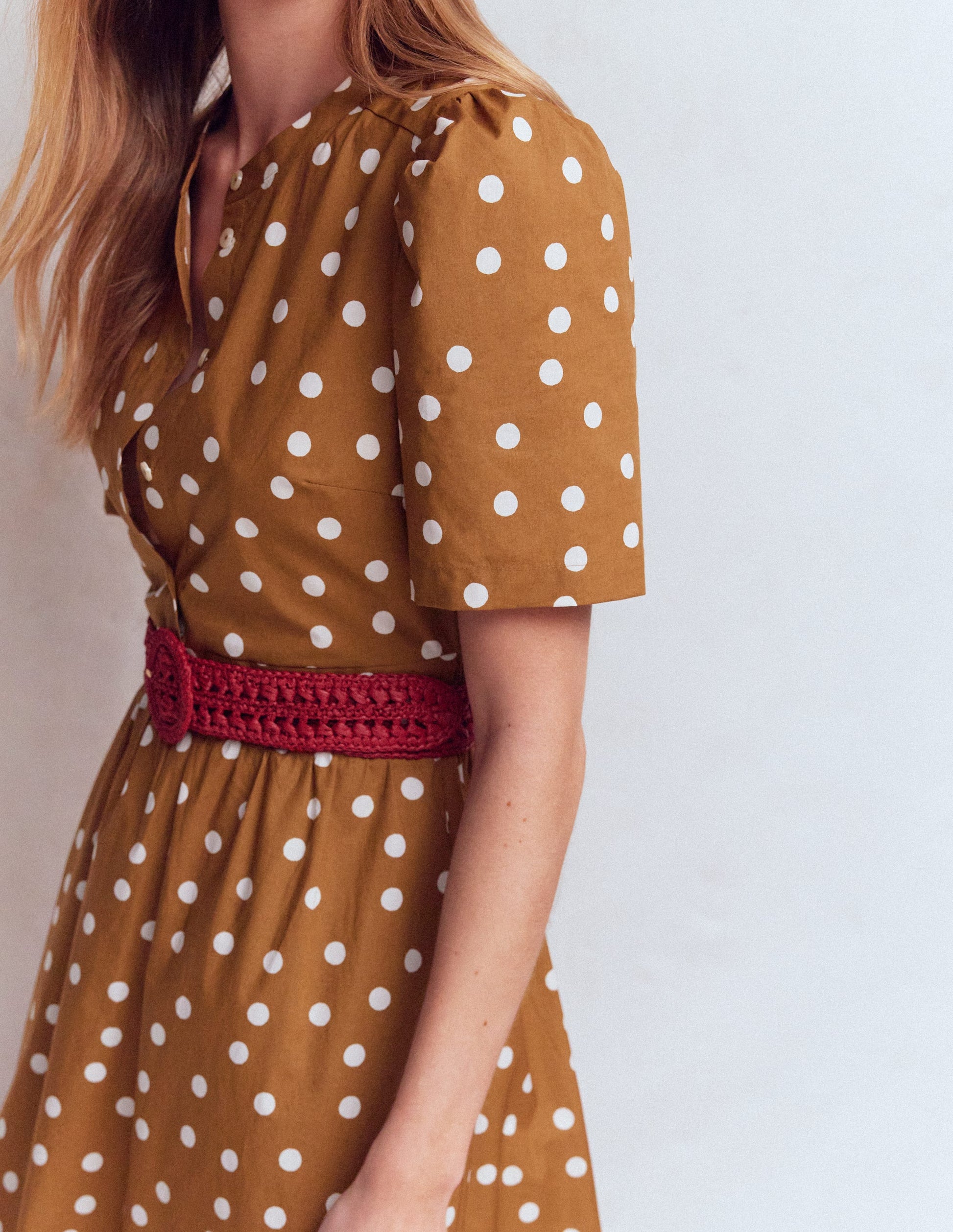 Ivy Placket Cotton Midi Dress-Brown Painted Dot Spaced-2