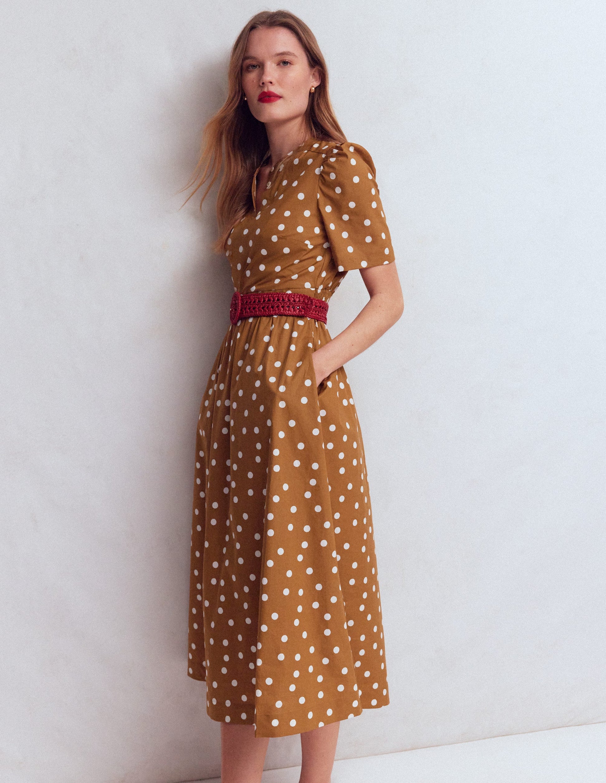 Ivy Placket Cotton Midi Dress-Brown Painted Dot Spaced-3