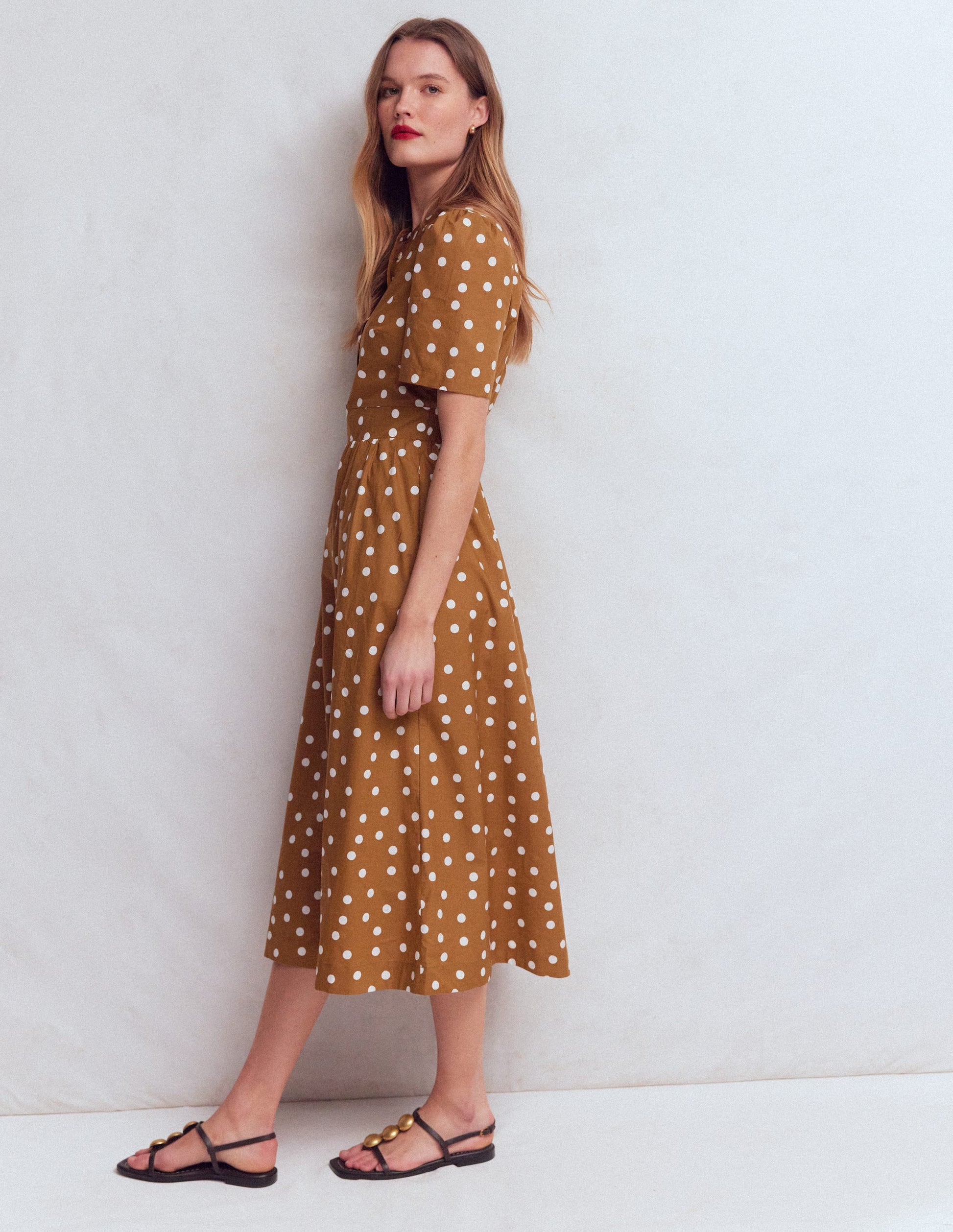 Ivy Placket Cotton Midi Dress-Brown Painted Dot Spaced-4