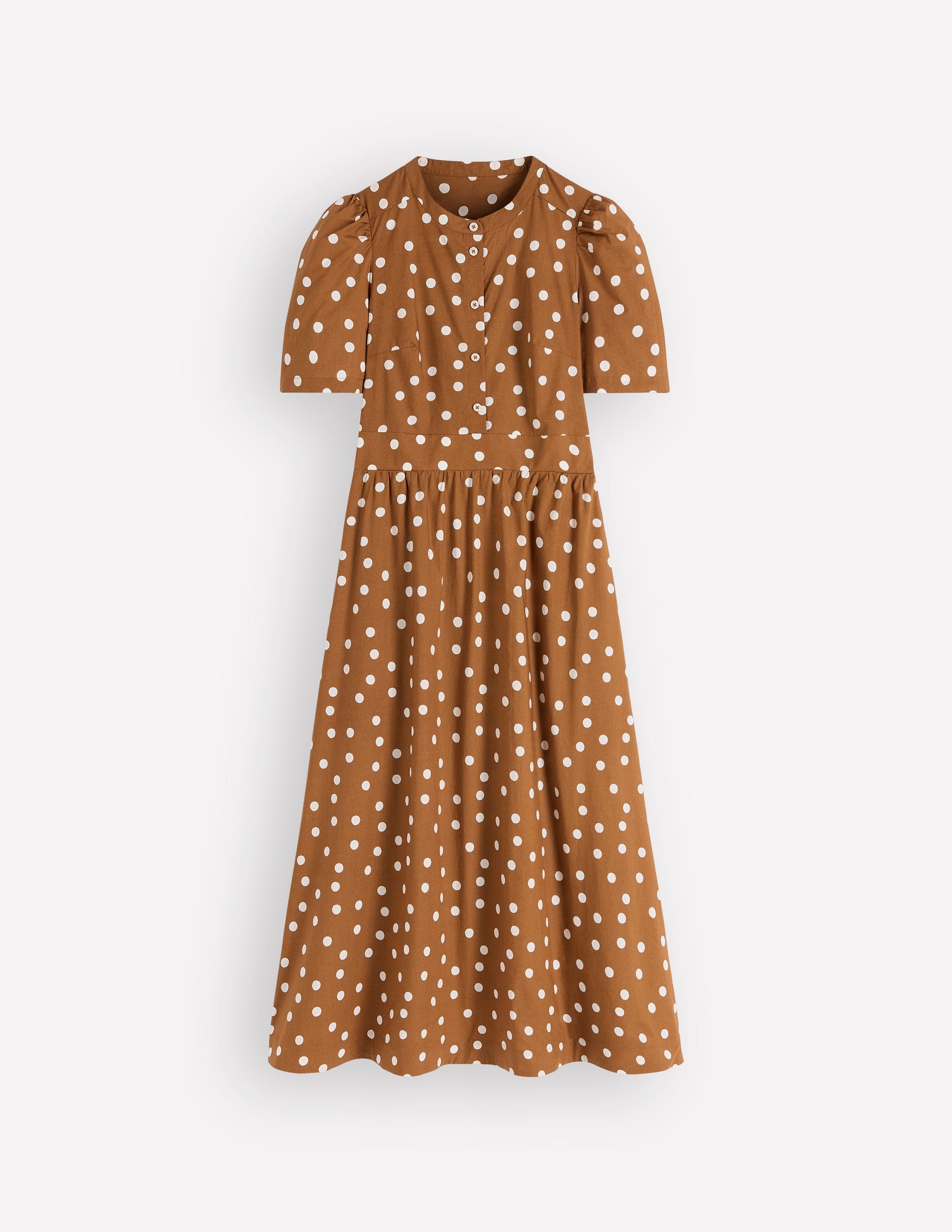 Ivy Placket Cotton Midi Dress-Brown Painted Dot Spaced-5