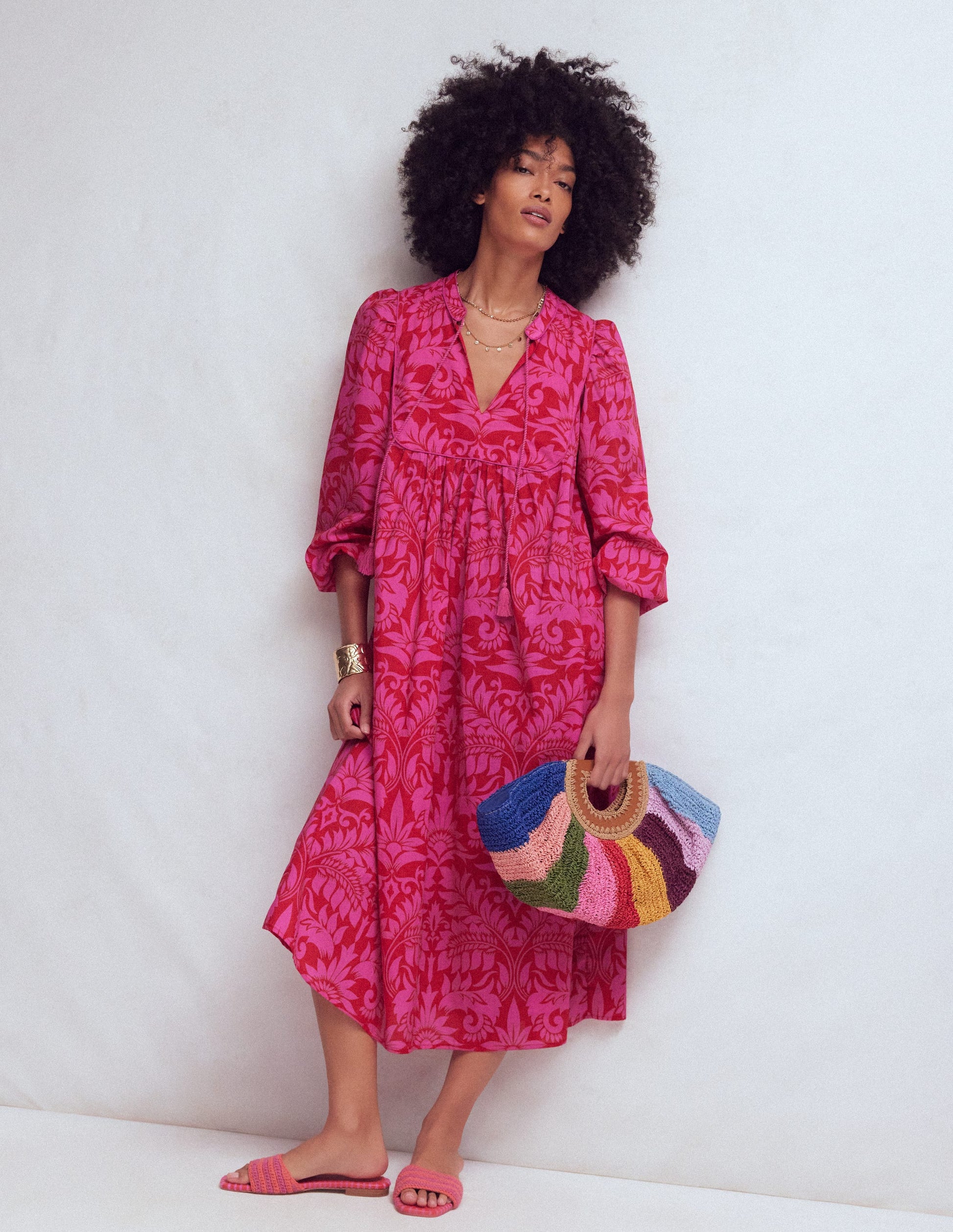 Caftan bohème avec liens au col-Motif Ornamental Foliage rouge-1