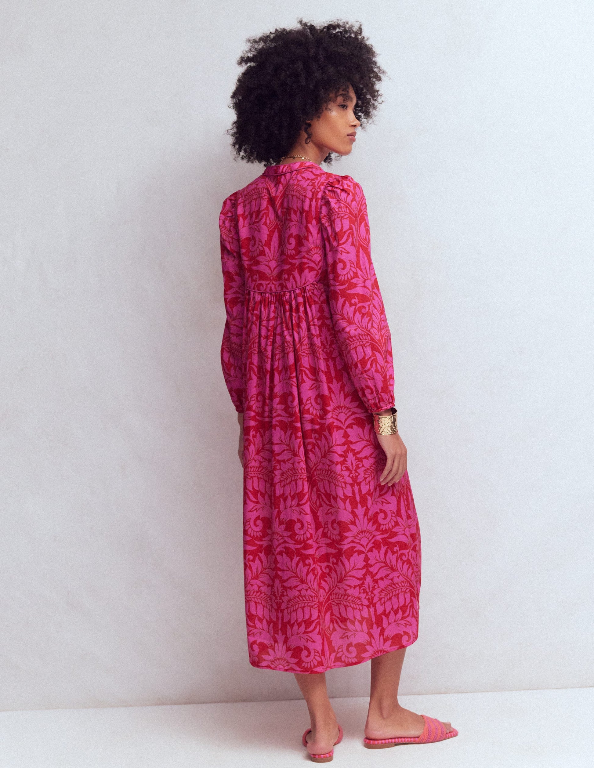 Caftan bohème avec liens au col-Motif Ornamental Foliage rouge-3