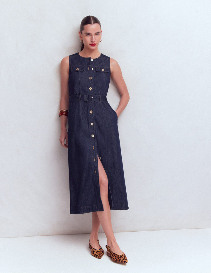Denim-Midikleid mit Goldknöpfen-Indigo