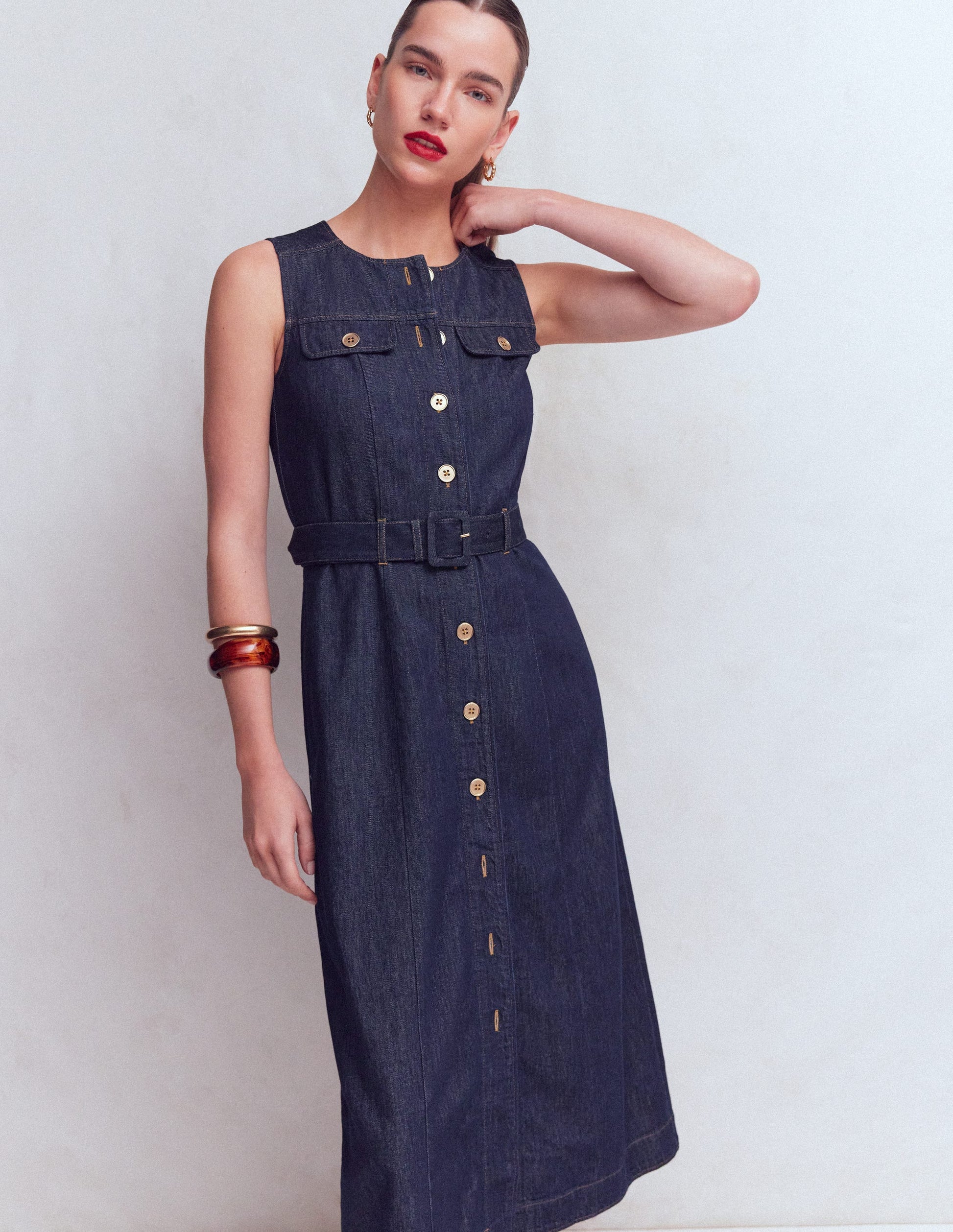 Denim-Midikleid mit Goldknöpfen-Indigo-6