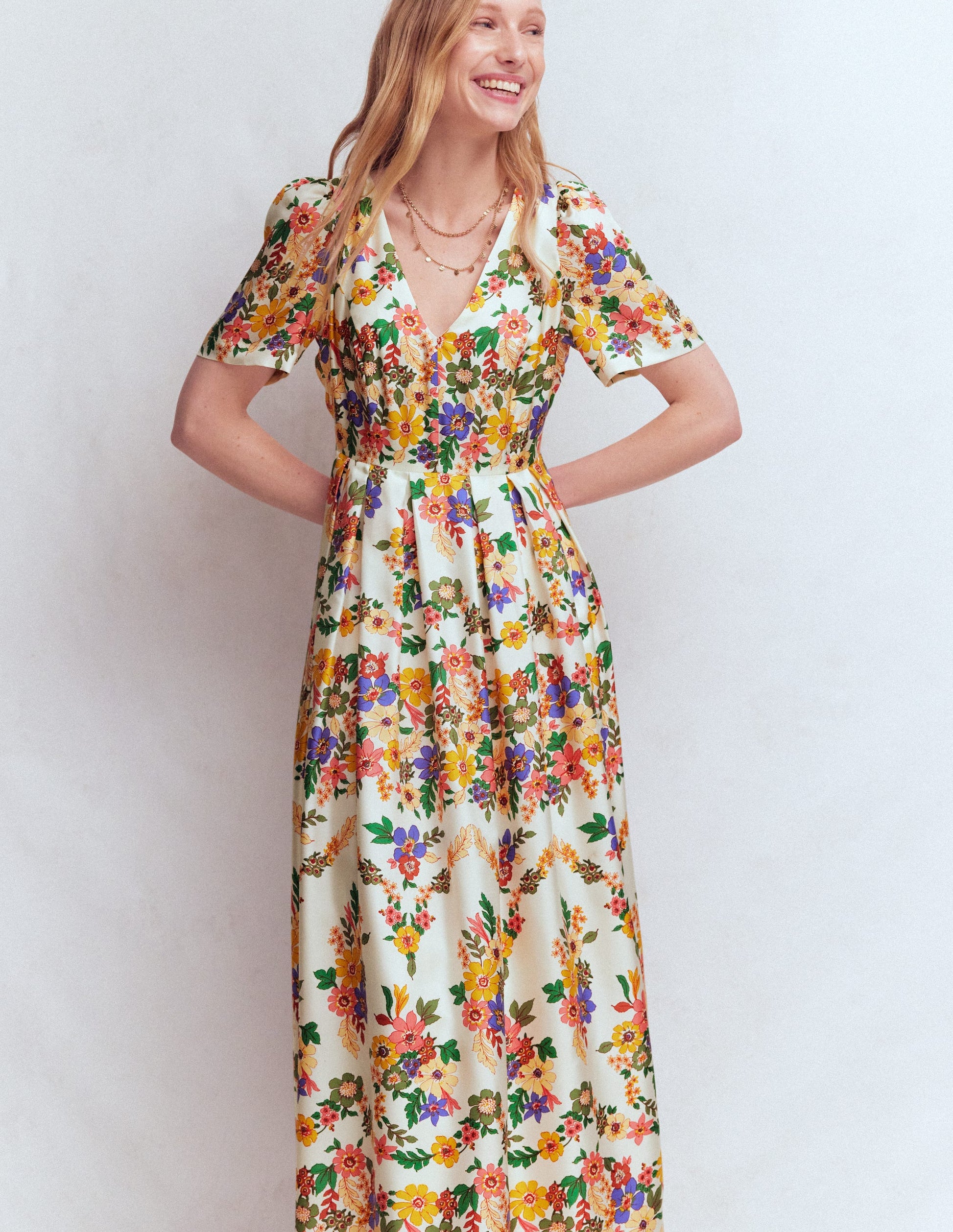 Plissiertes Kleid mit V-Ausschnitt-Bunt Wiesenblumen-6