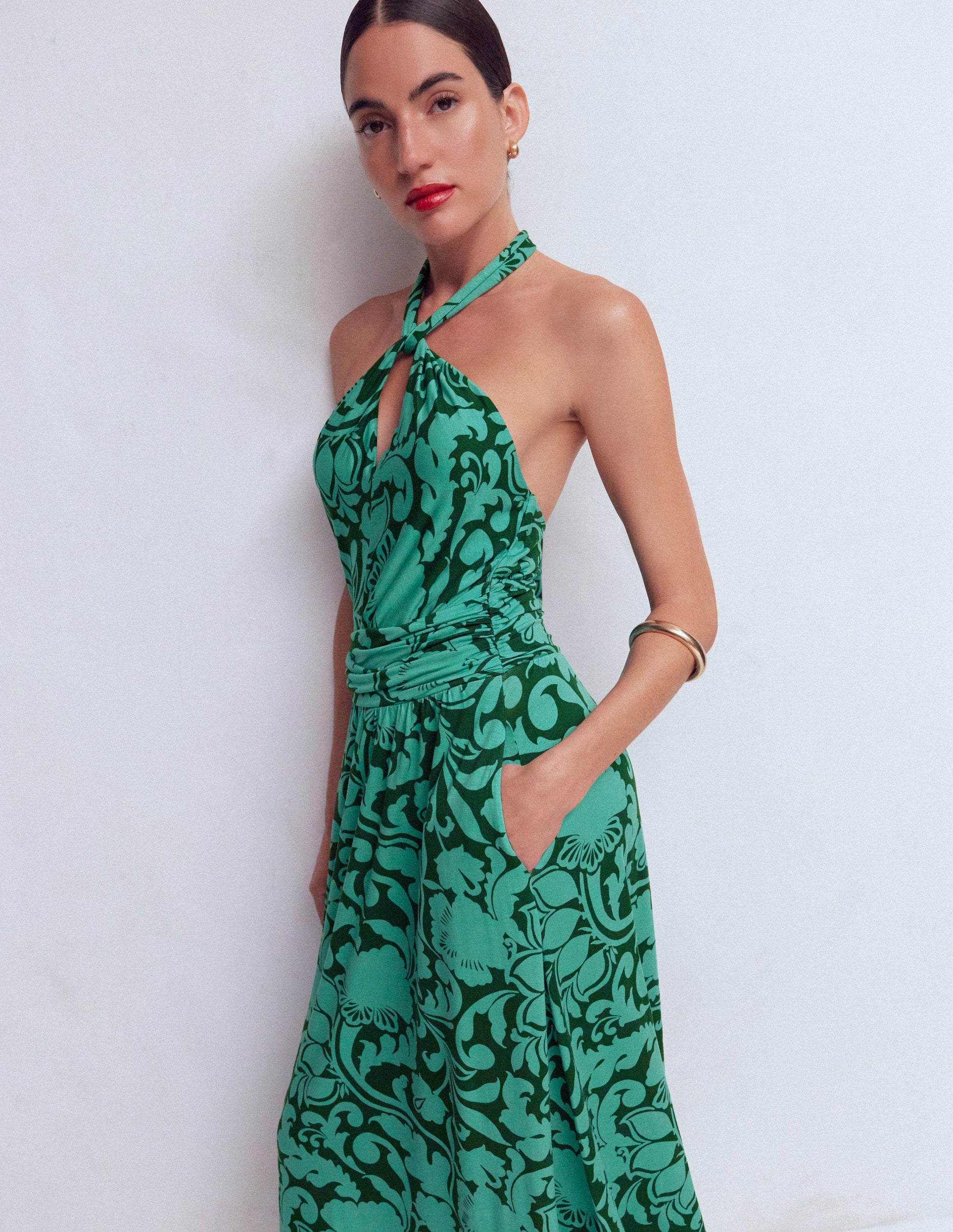 Sydney Jerseykleid mit gedrehtem Ausschnitt-Grün, Blühende Wiese-4