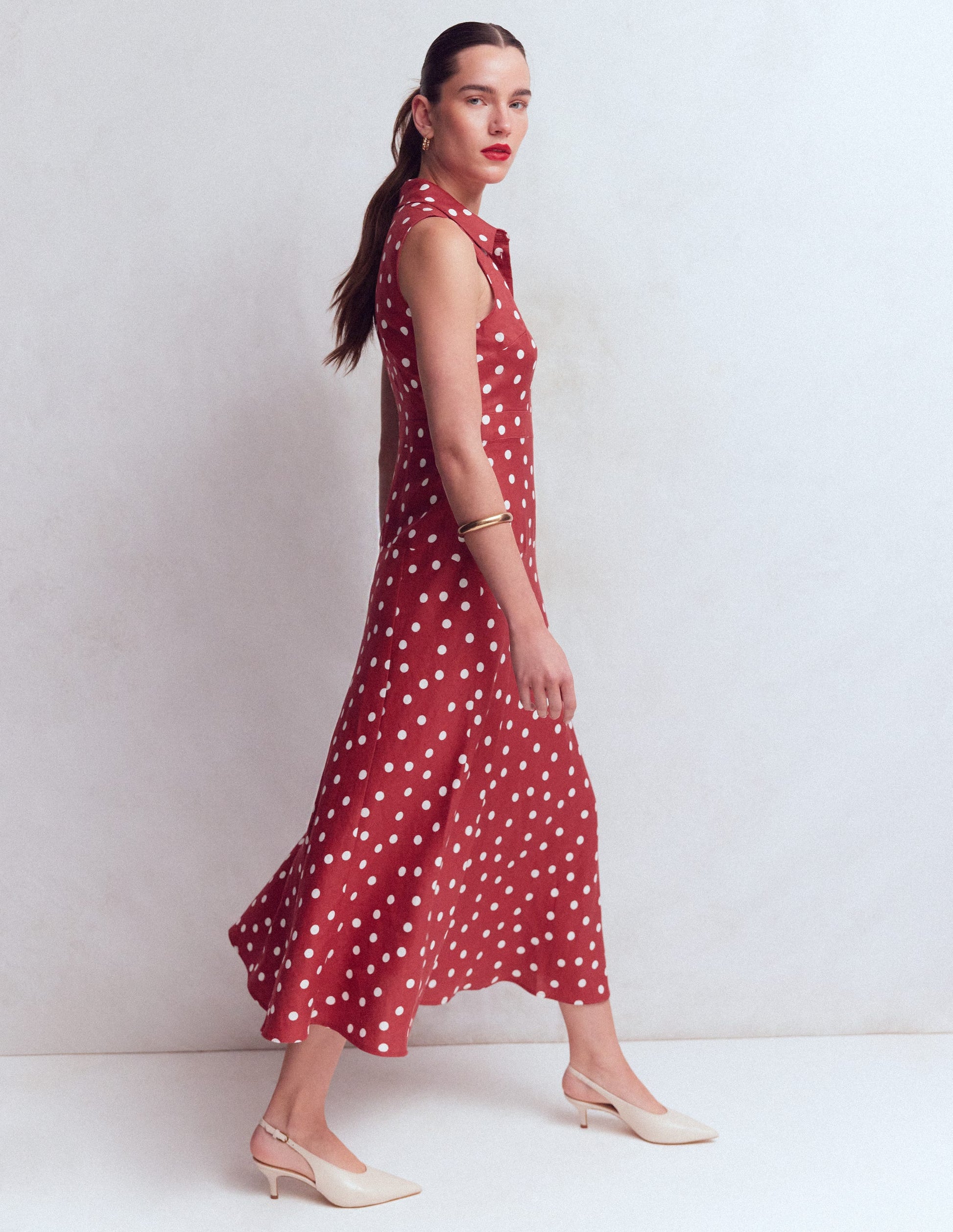 Erma Leinenkleid mit tiefer Taille-Rot Gemalte Tupfen-3