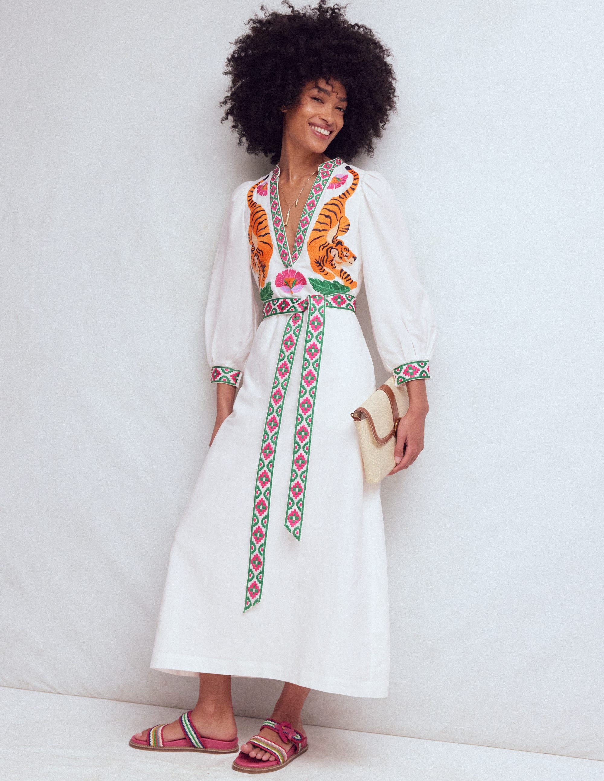 Octavia Linen Blend Dress-Tiger Embroidery | Boden EU