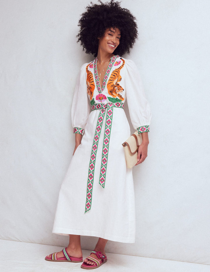 Robe Octavia en lin mélangé-Broderie tigre