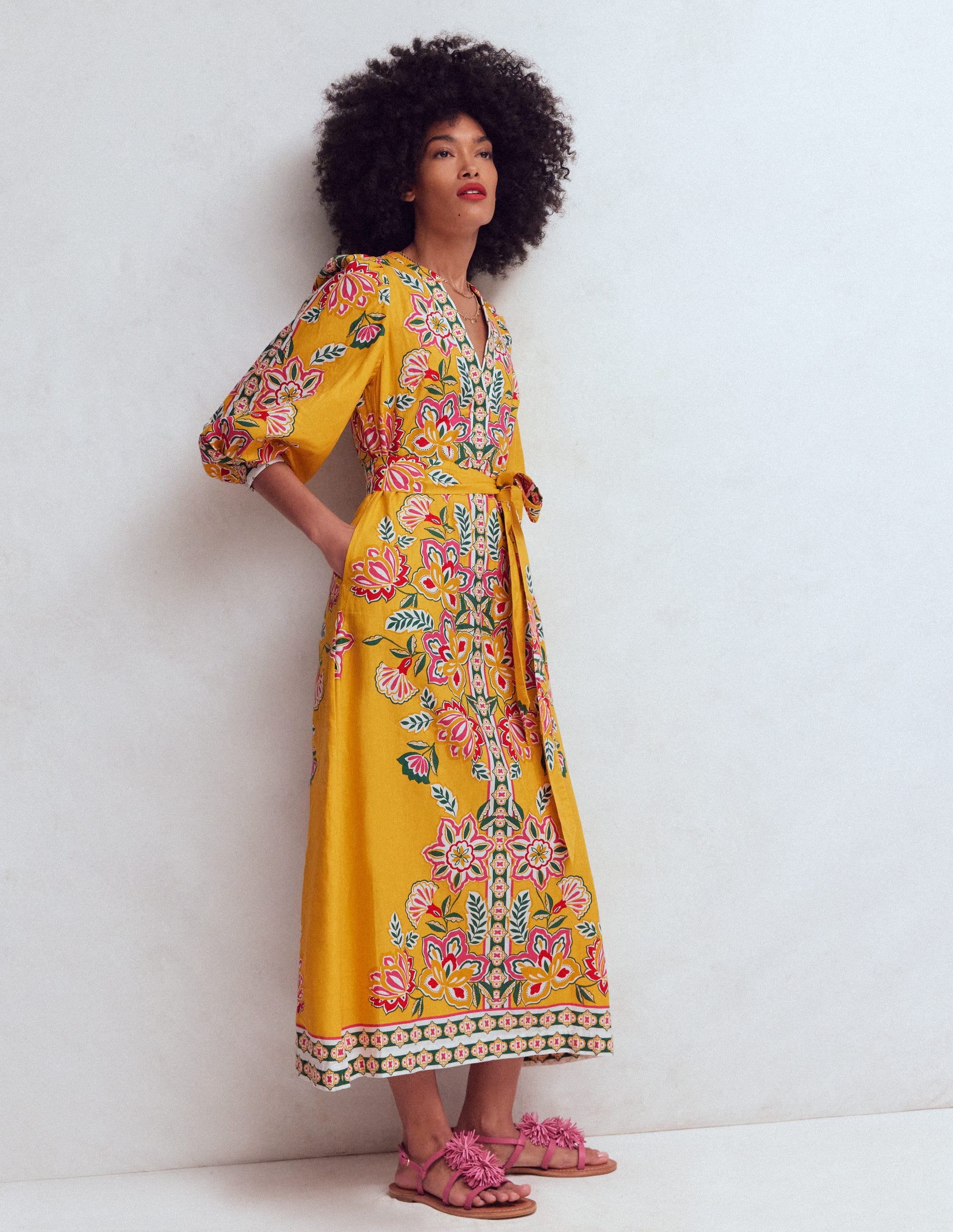 Robe Octavia en lin mélangé-Motif Blossom Elegance jaune - Image 1