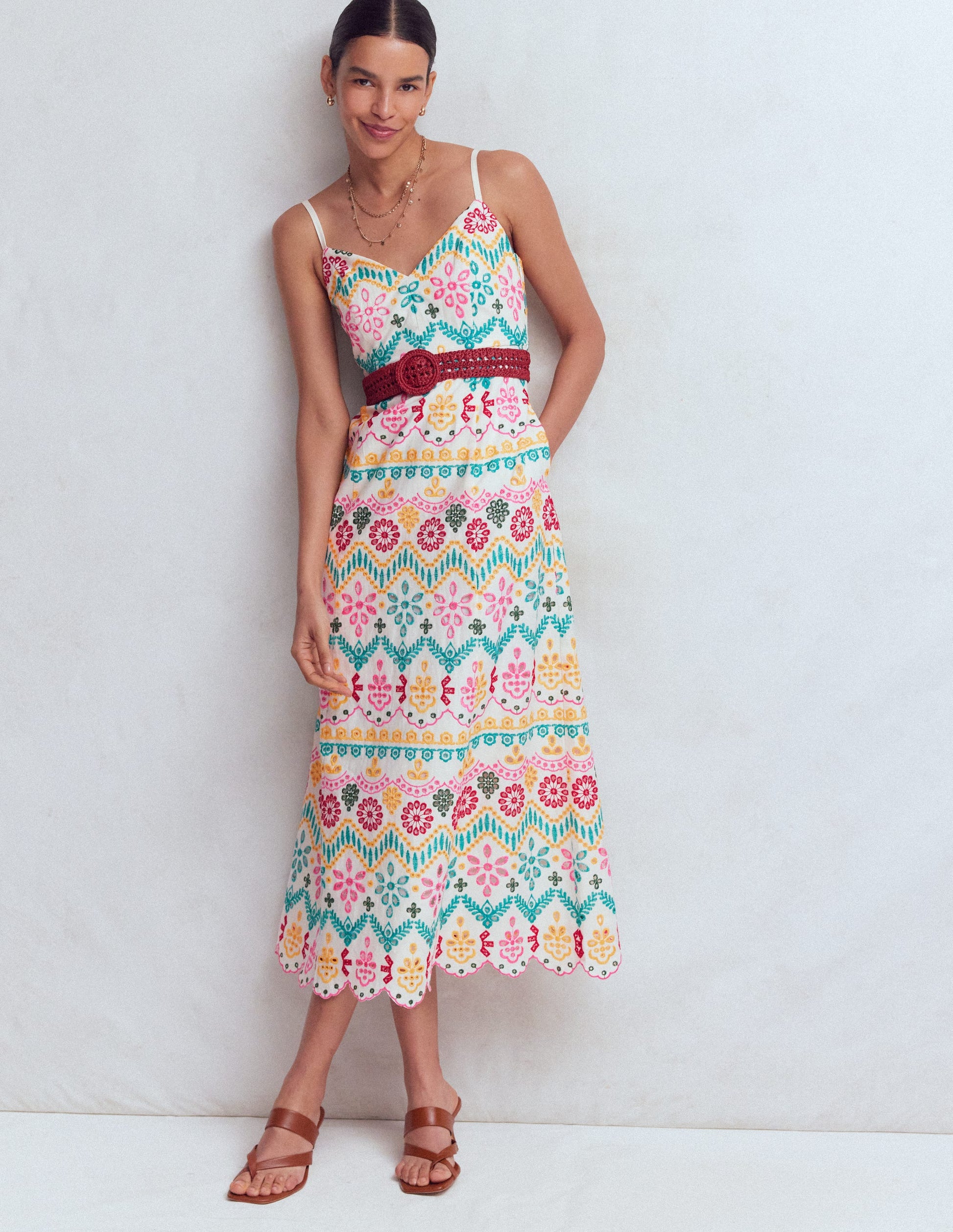 Empire-Kleid aus Leinen mit Lochstickerei-Bunt Lochstickerei-6