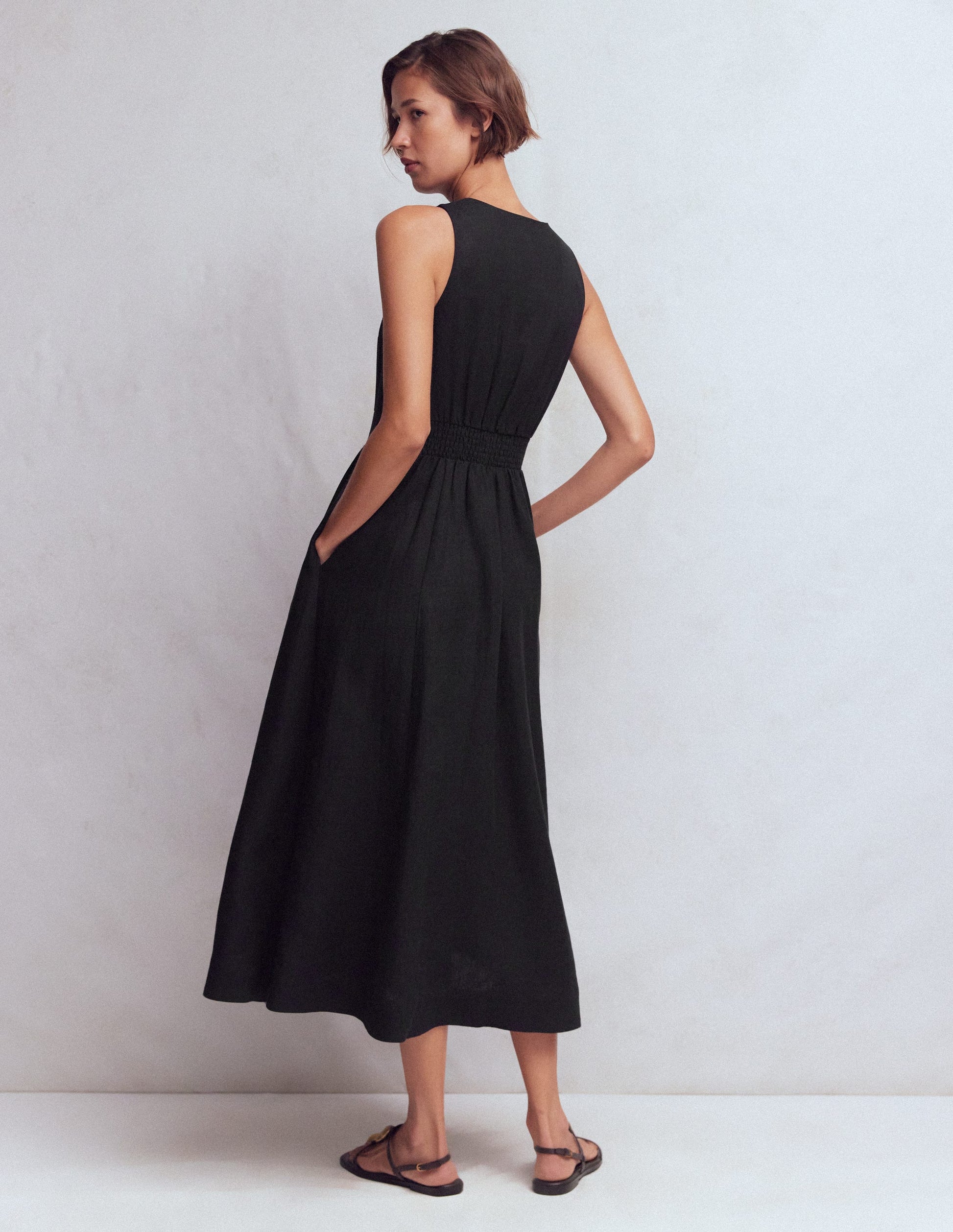 Robe Catherine boutonnée en lin-Noir-3