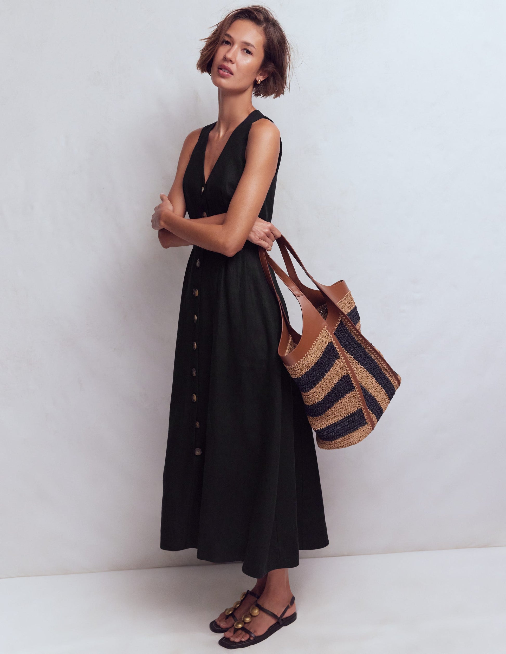 Robe Catherine boutonnée en lin-Noir-5