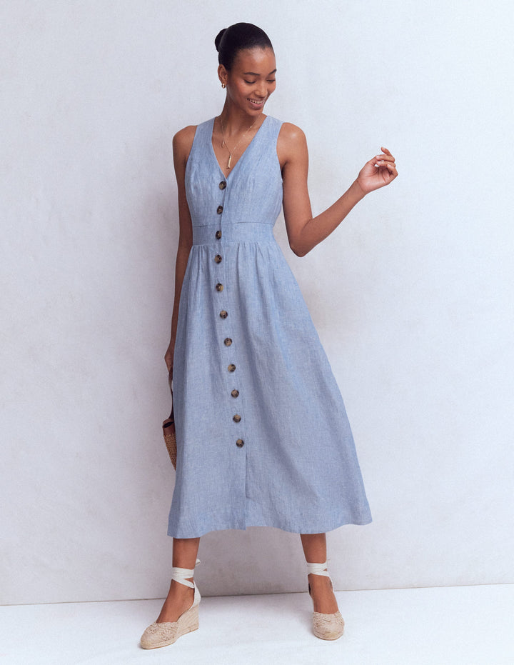 Catherine Leinenkleid mit Knöpfen-Blauer Faux-Uni