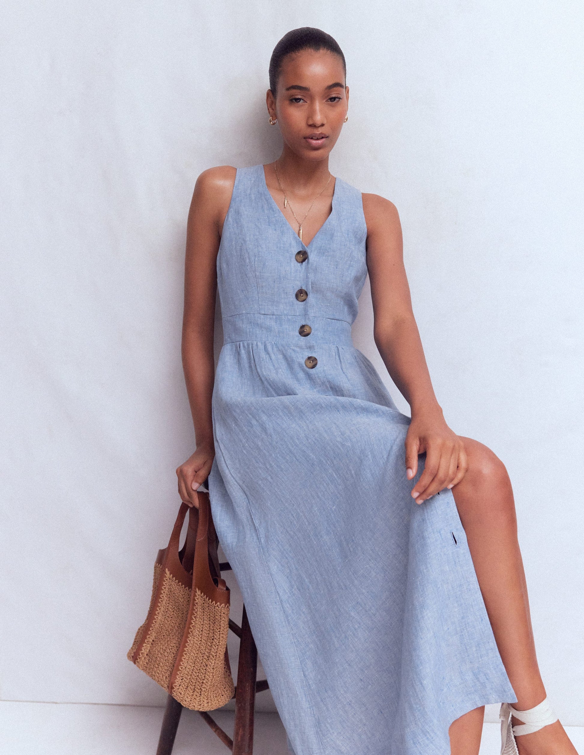 Catherine Leinenkleid mit Knöpfen-Blauer Faux-Uni-4