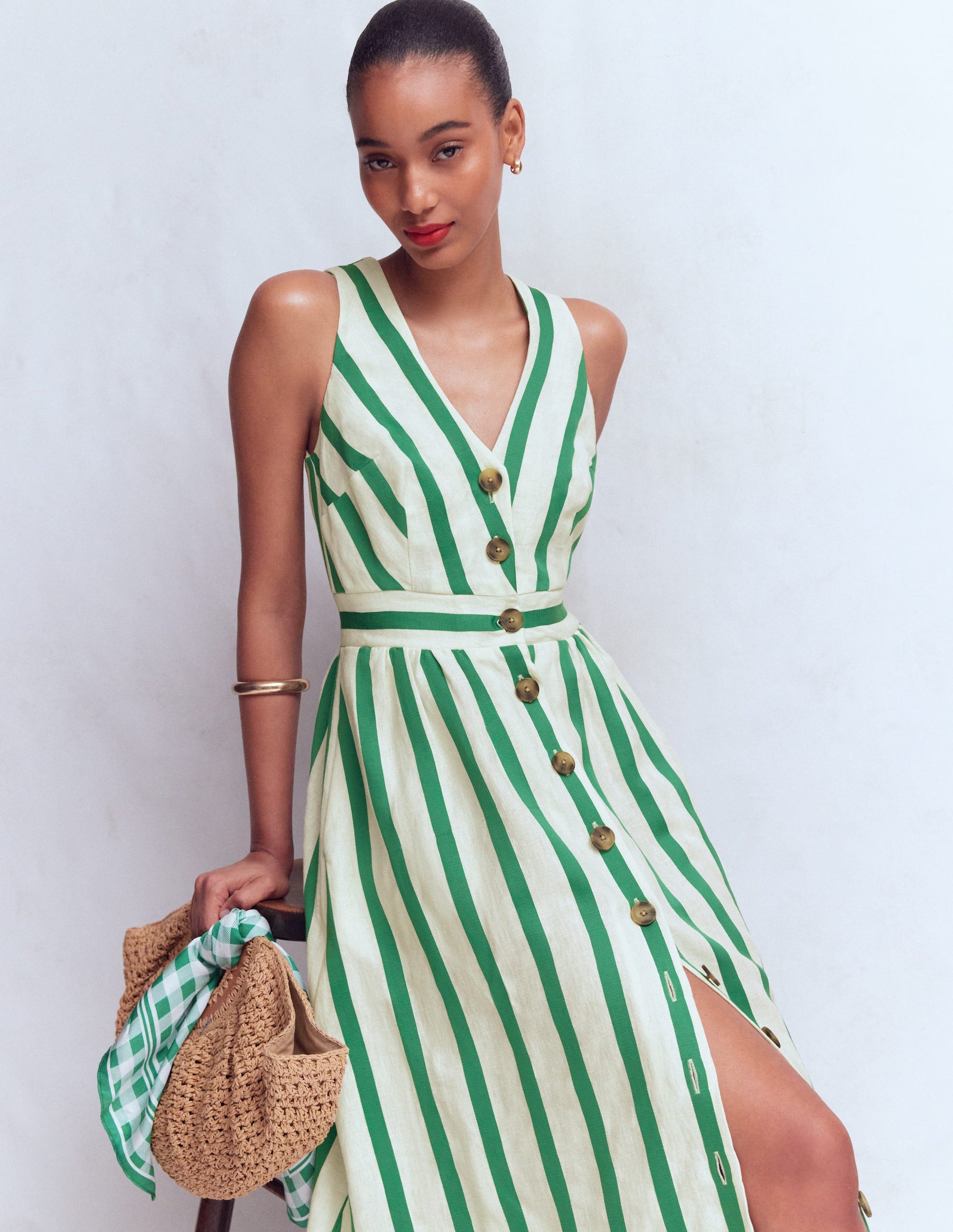 Robe Catherine boutonnée en lin-Rayé satin ivoire et vert-2
