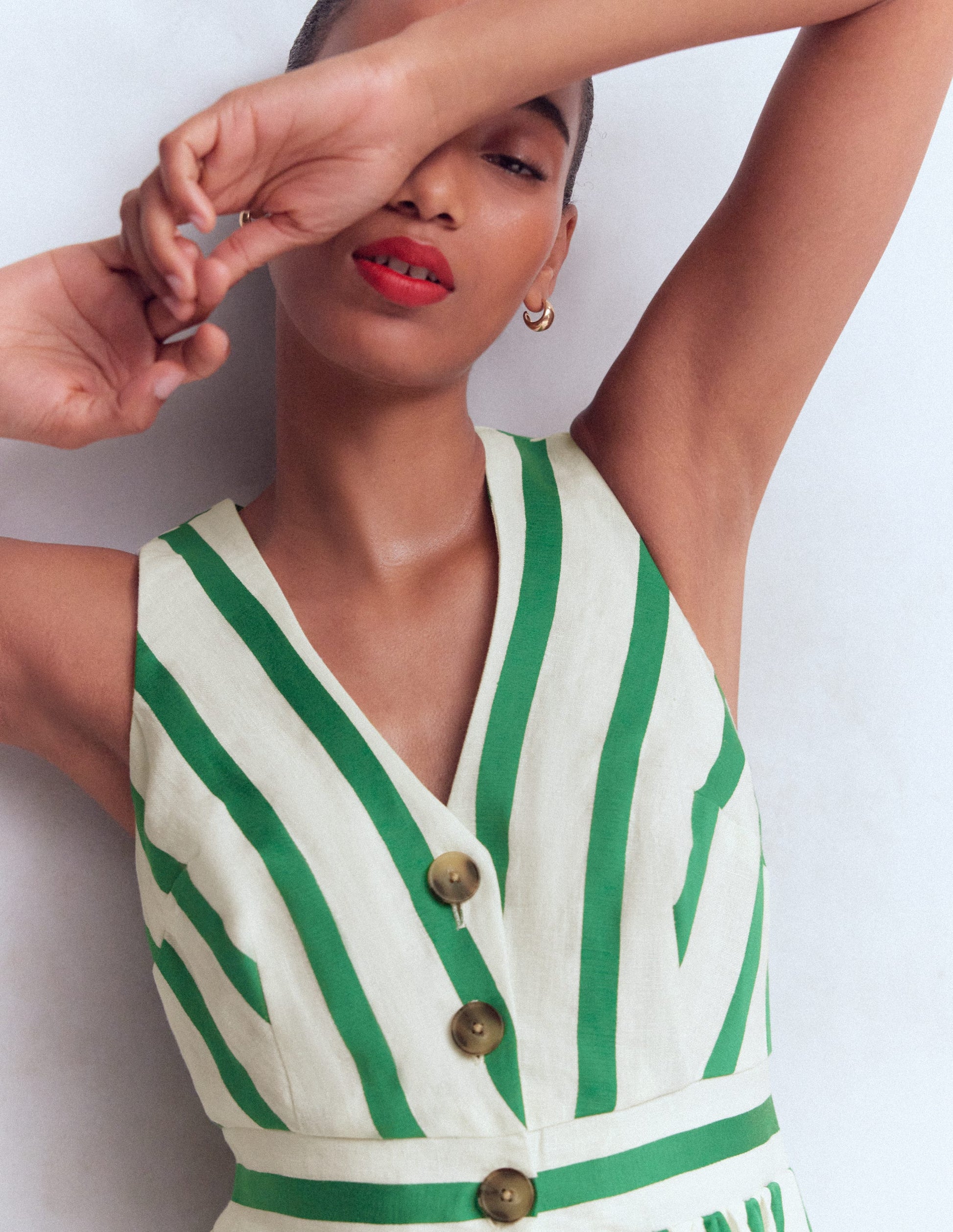 Catherine Button Linen Dress-Ivory and Green Satin Stripe | Boden EU Catherine Button Linen Dress-Ivory and Green Satin Stripe | Boden EU