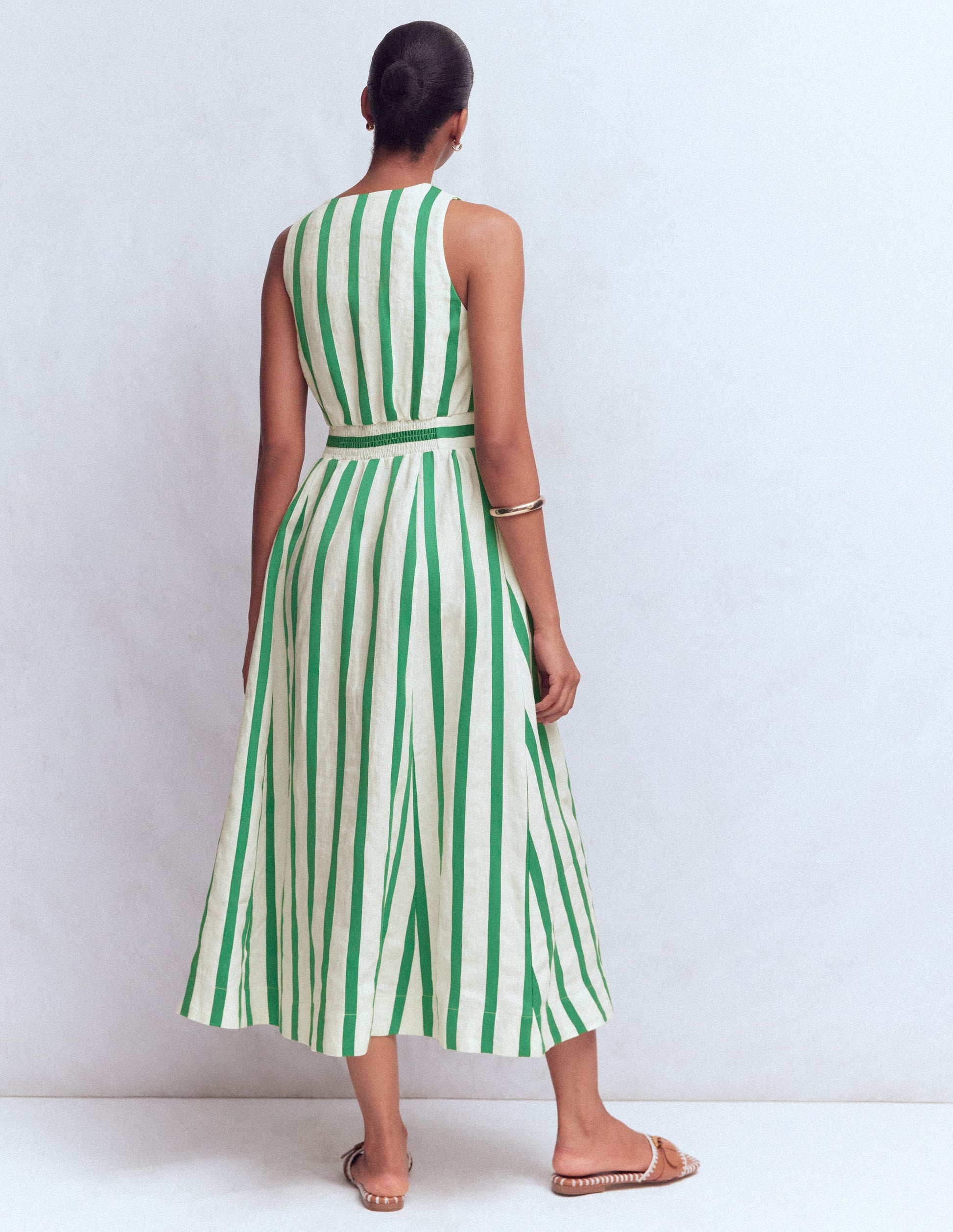 Robe Catherine boutonnée en lin-Rayé satin ivoire et vert-4