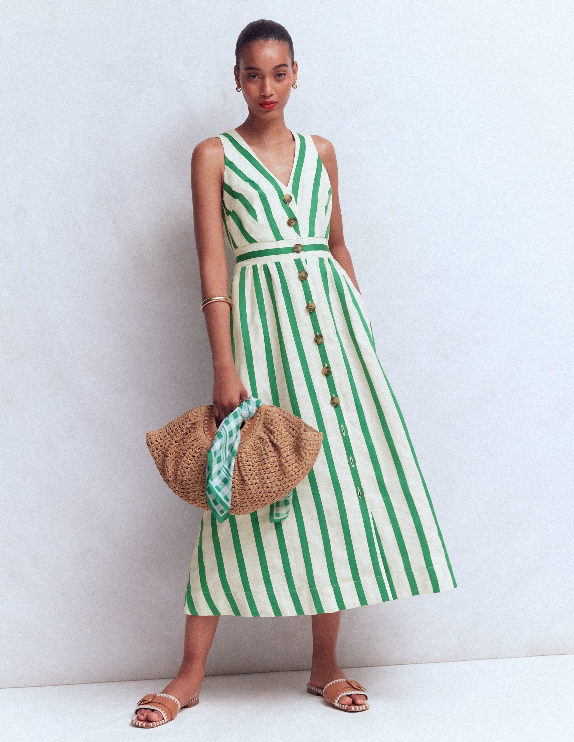 Robe Catherine boutonnée en lin-Rayé satin ivoire et vert-5