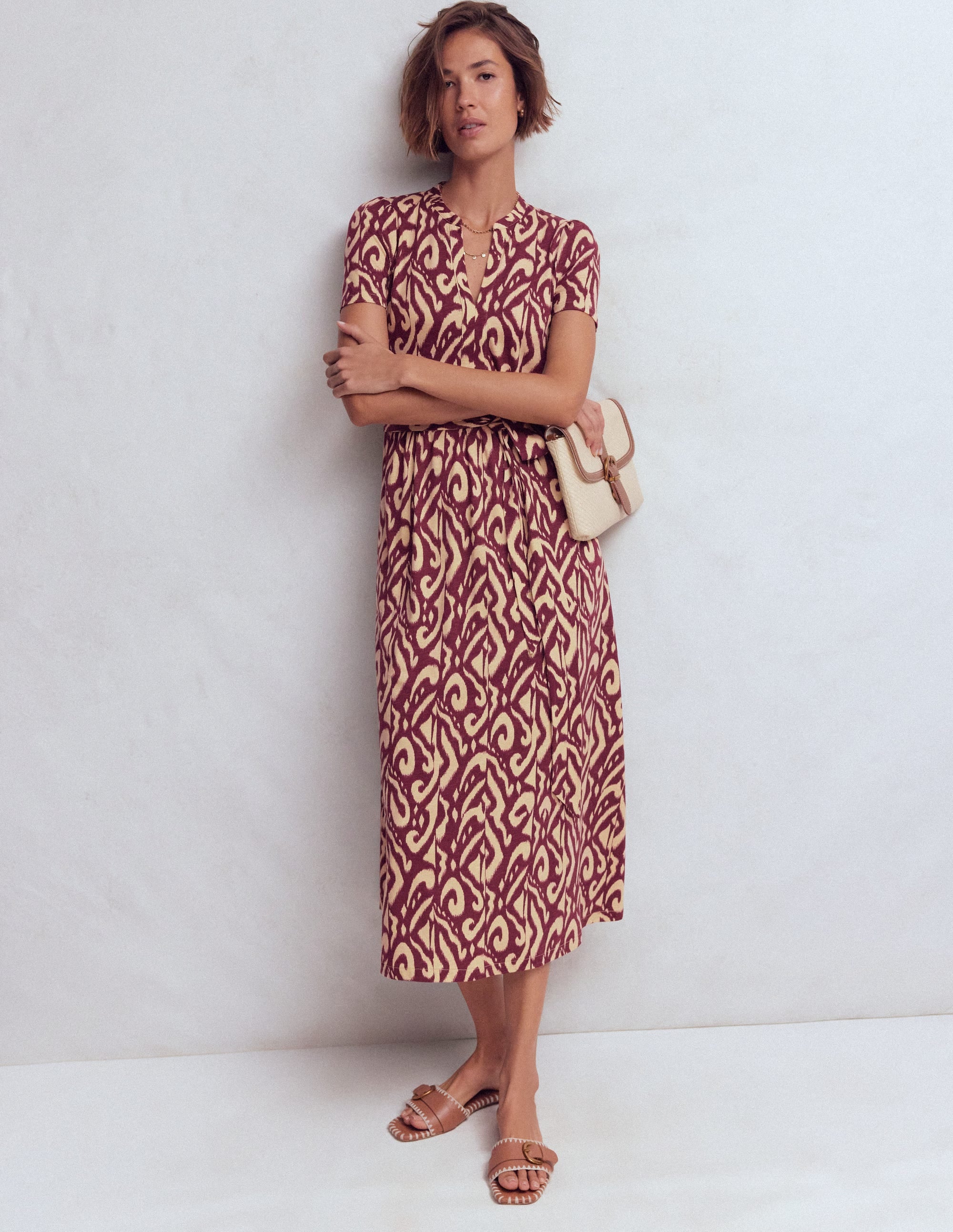 Naomi Jersey-Midikleid-Dunkler Blauregen, Aztekenmuster - Image 1