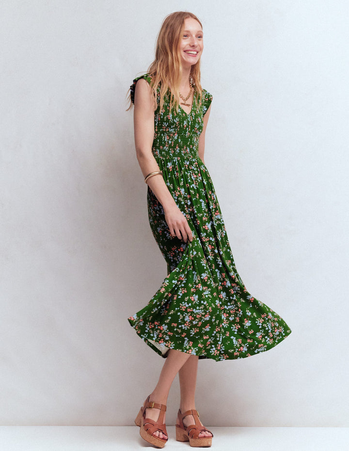 Robe midi à smocks en jersey-Vert promenade, motif Bloom Scatter