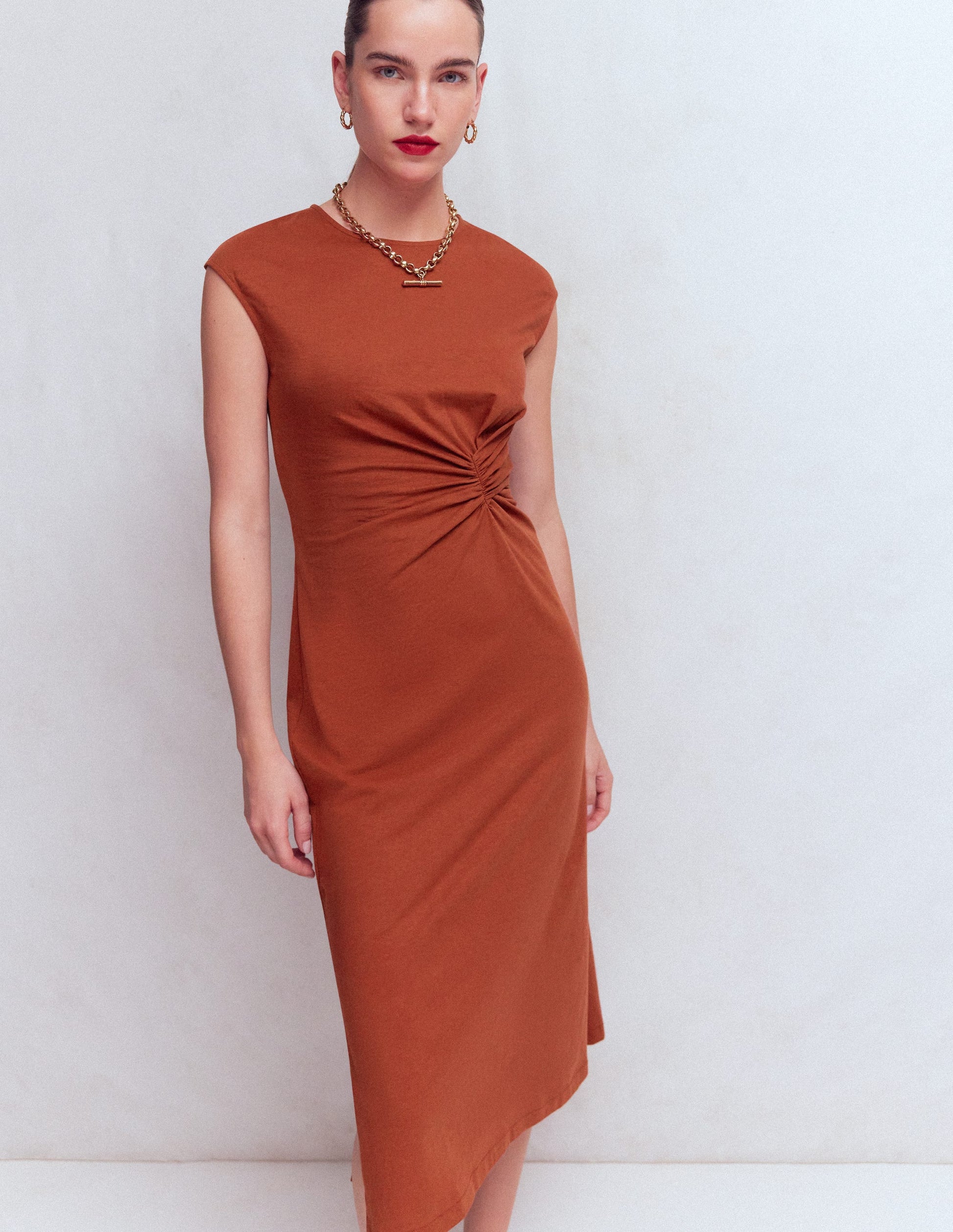Delilah Midikleid mit Twistdetail-Braun-Orange-1
