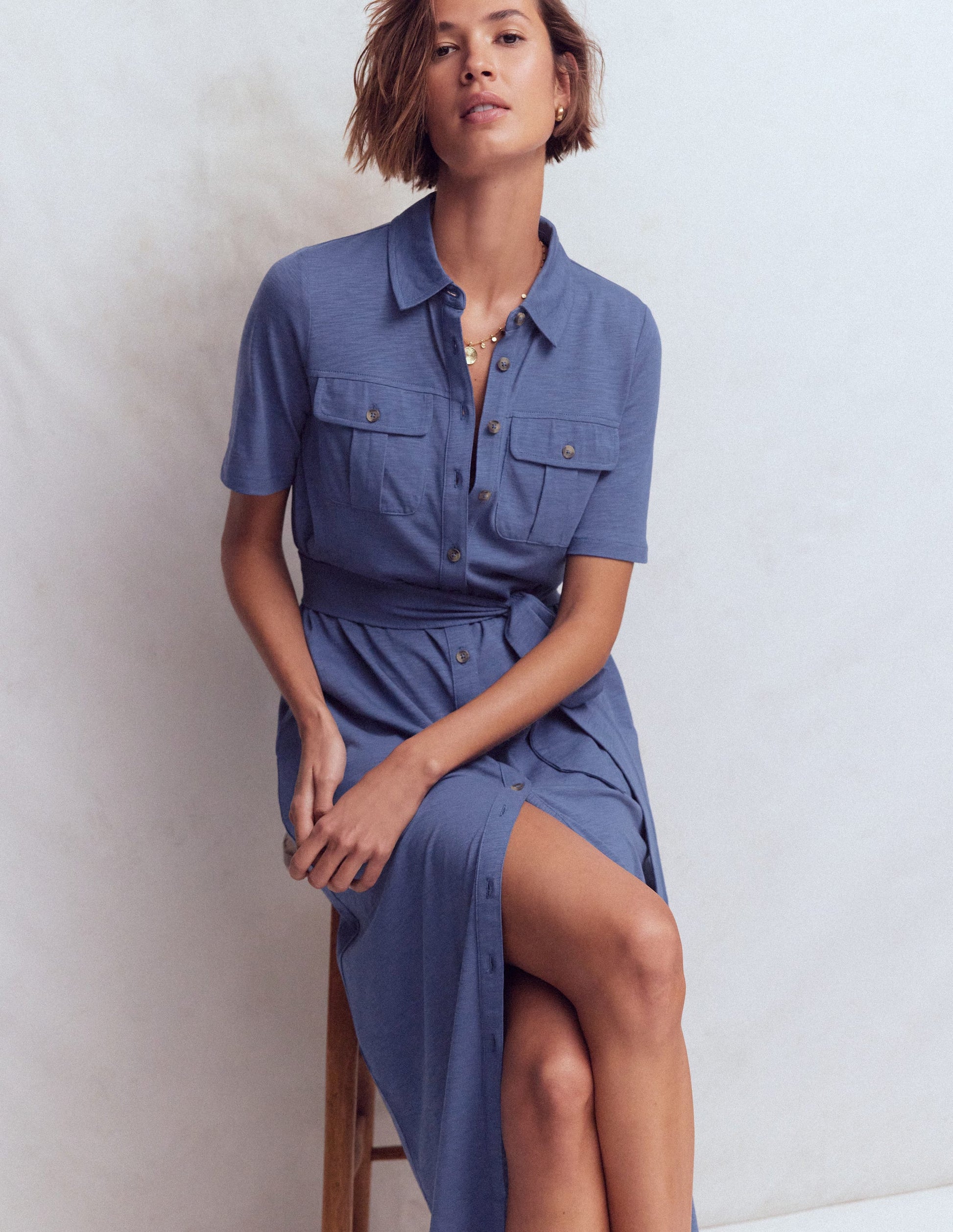 Robe-chemise midi Mavis en jersey-Bleu denim-1