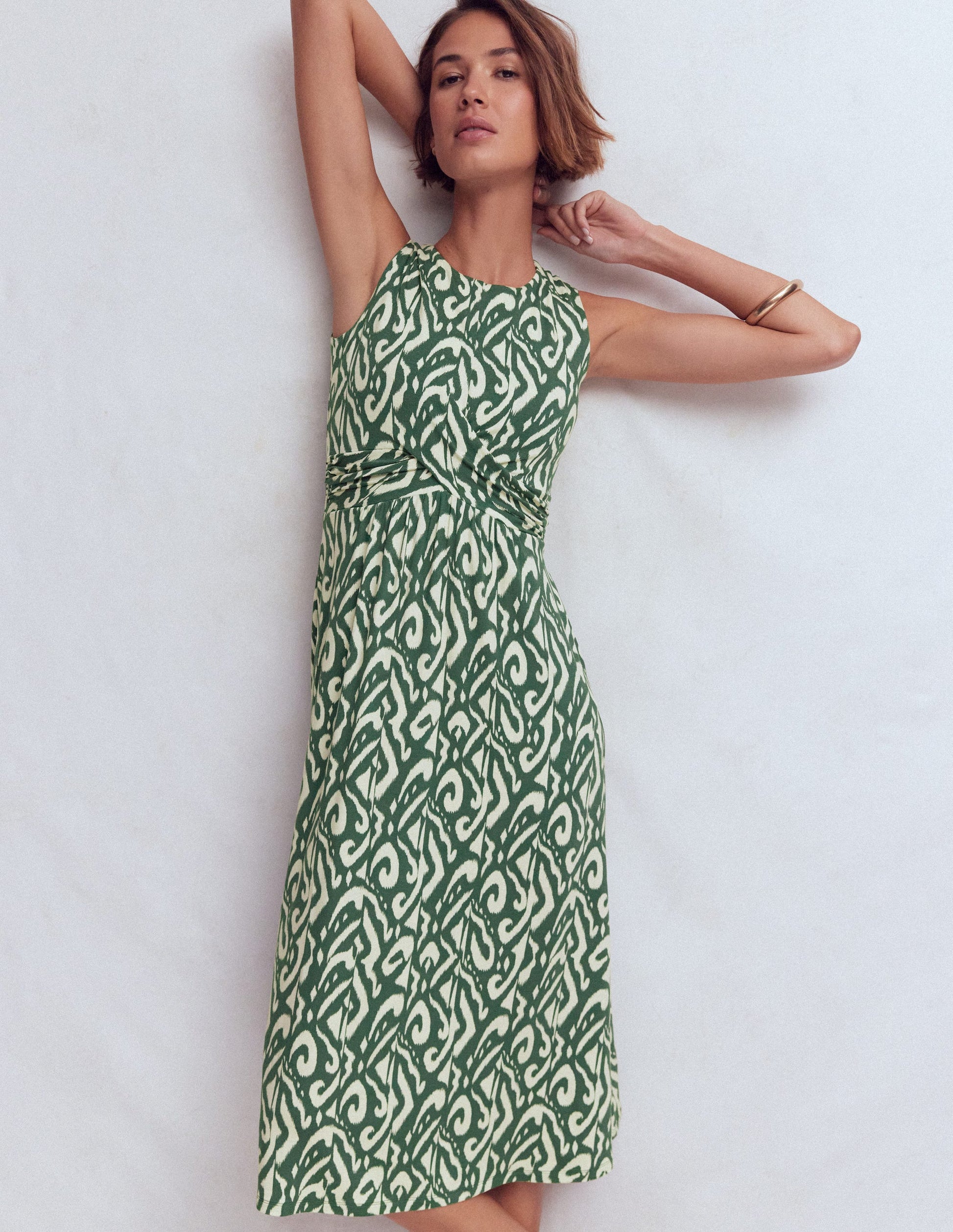 Zara Cross Waist Jersey Dress-Hunter Green, Ikat-1