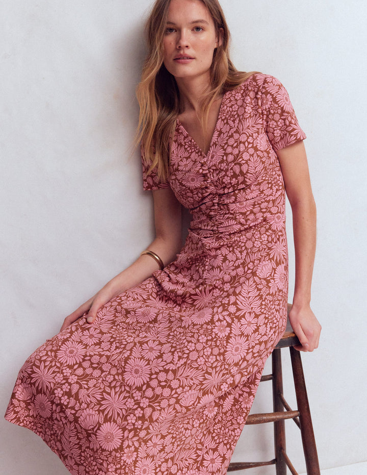 Una Ponte-Kleid mit Raffung vorn-Rotbraun, Blühendes Blumenbeet