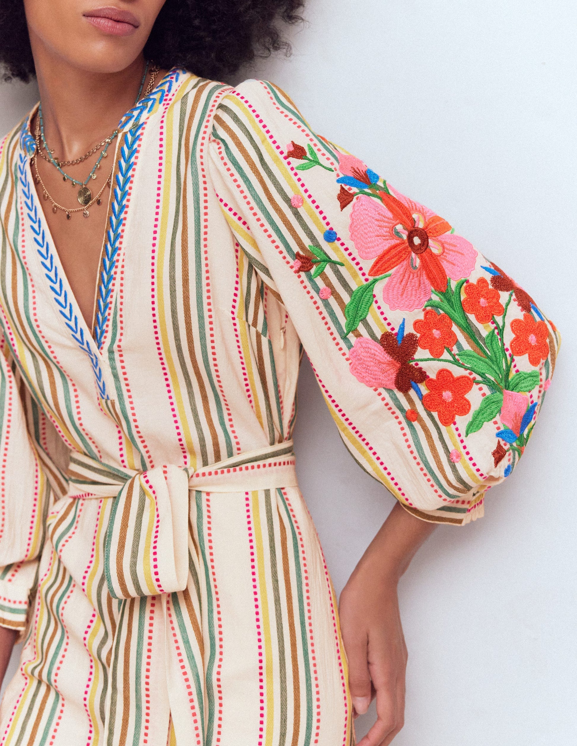 Octavia Baumwollkleid-Bunt Stickerei Streifen-4