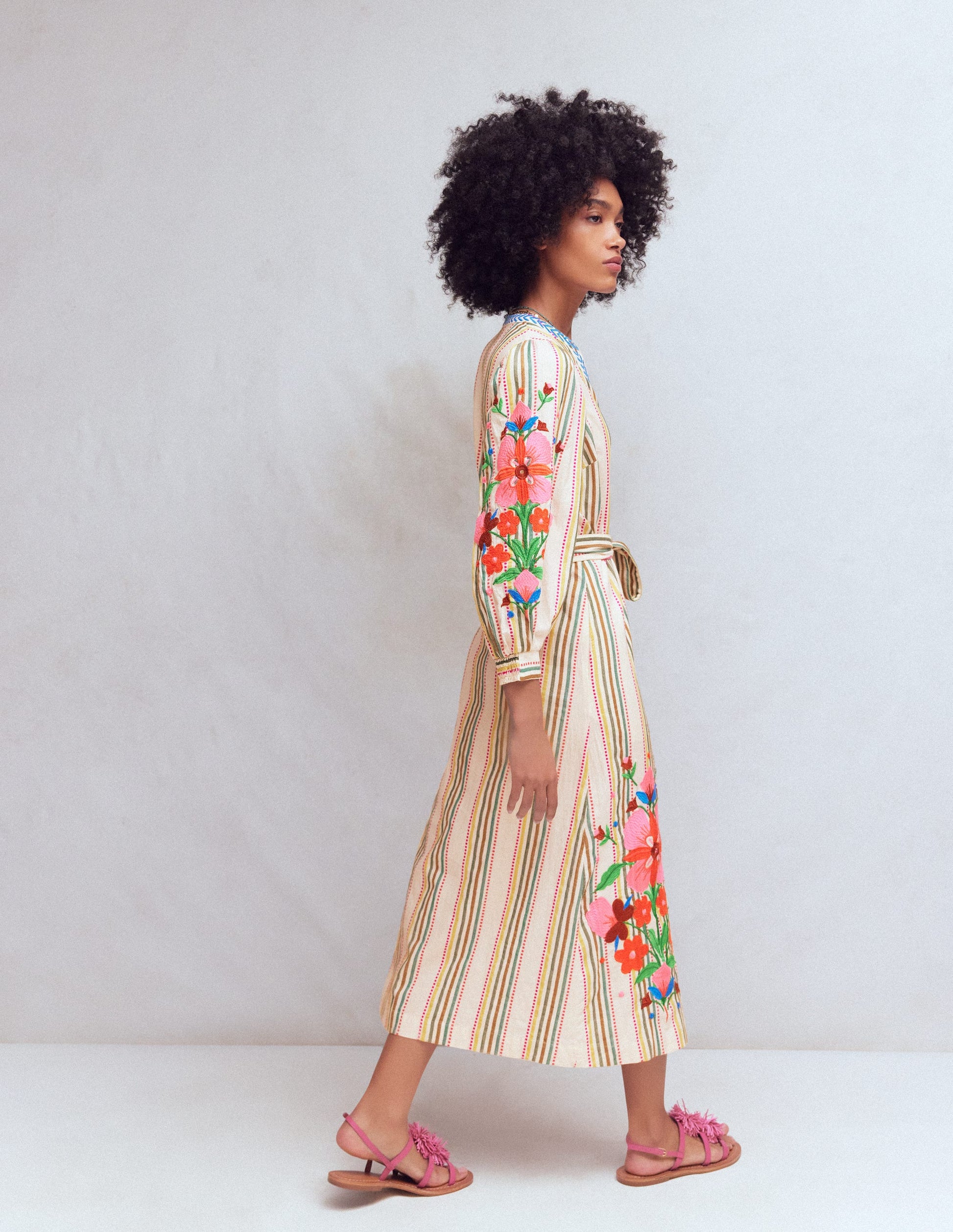 Octavia Baumwollkleid-Bunt Stickerei Streifen-5