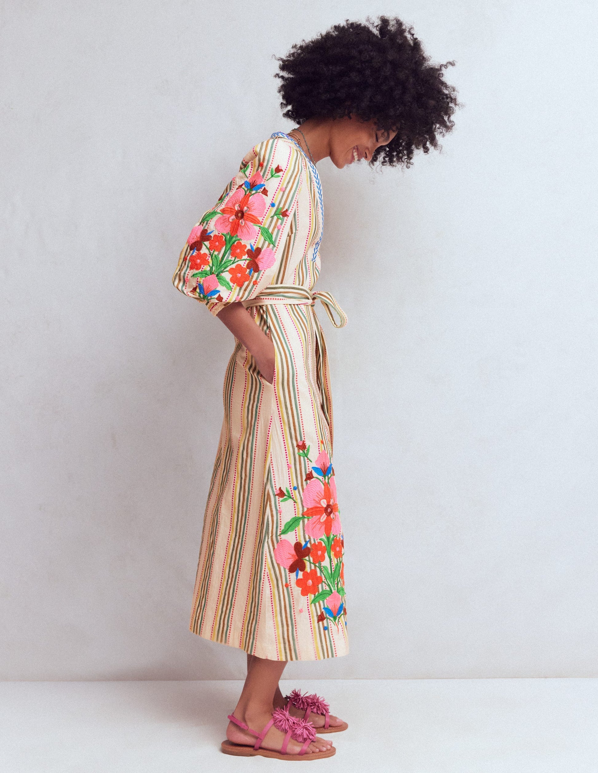 Octavia Baumwollkleid-Bunt Stickerei Streifen-6
