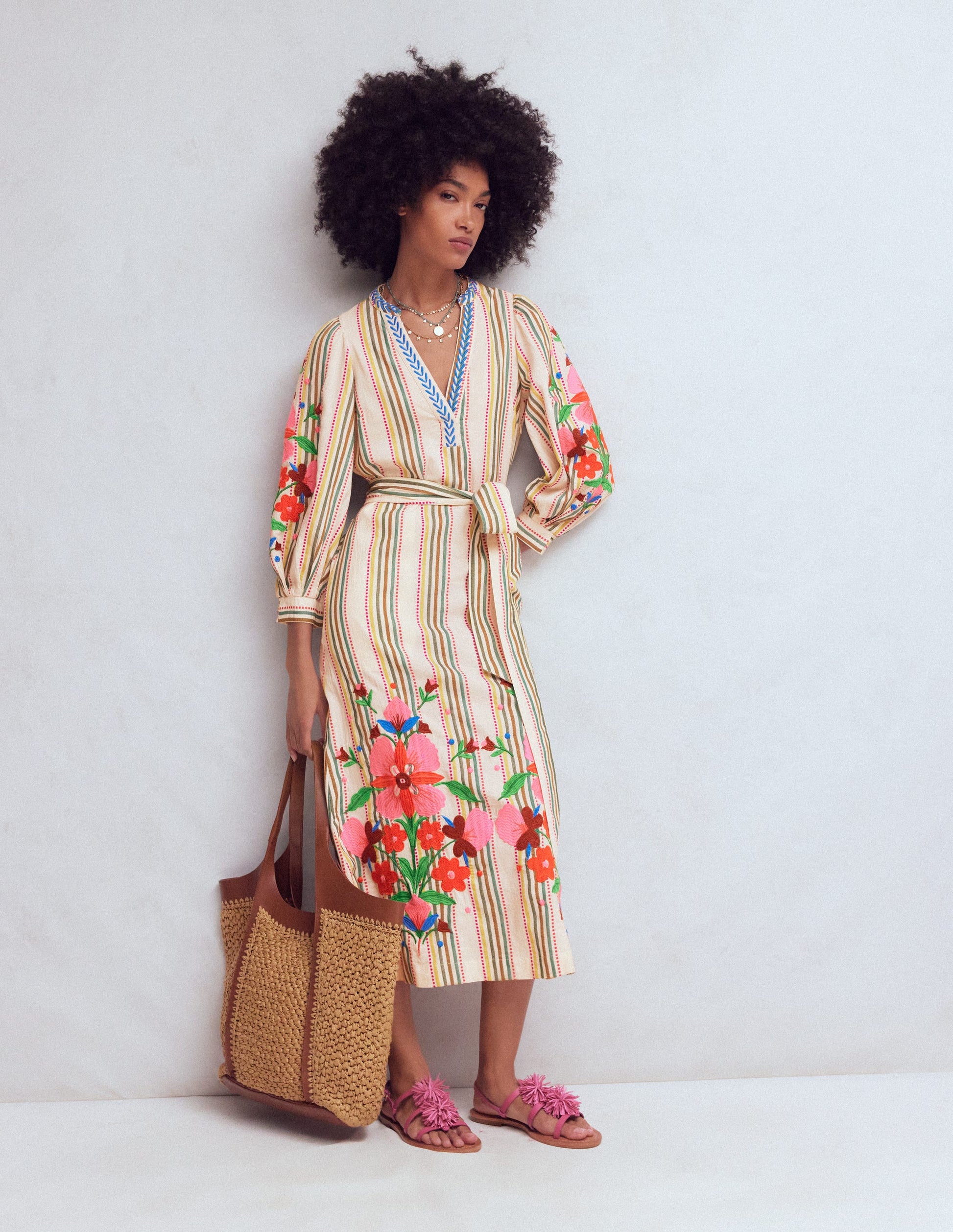 Octavia Baumwollkleid-Bunt Stickerei Streifen-7