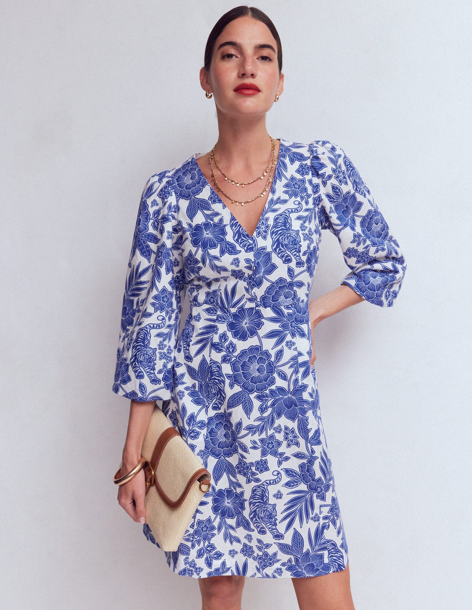 Marla Kurzes Kleid aus Leinenmischgewebe-Blau Tiger Paradies-1