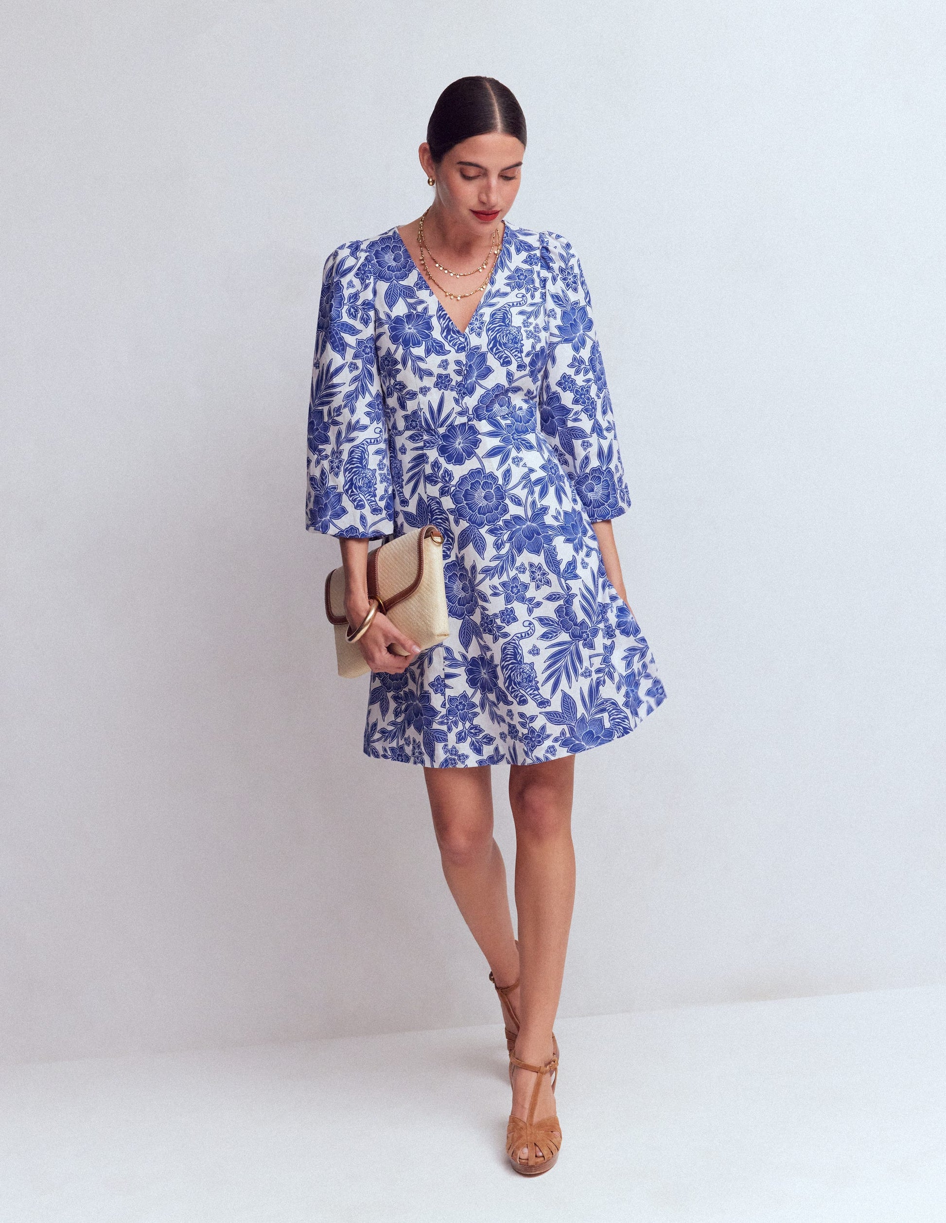 Marla Kurzes Kleid aus Leinenmischgewebe-Blau Tiger Paradies-4