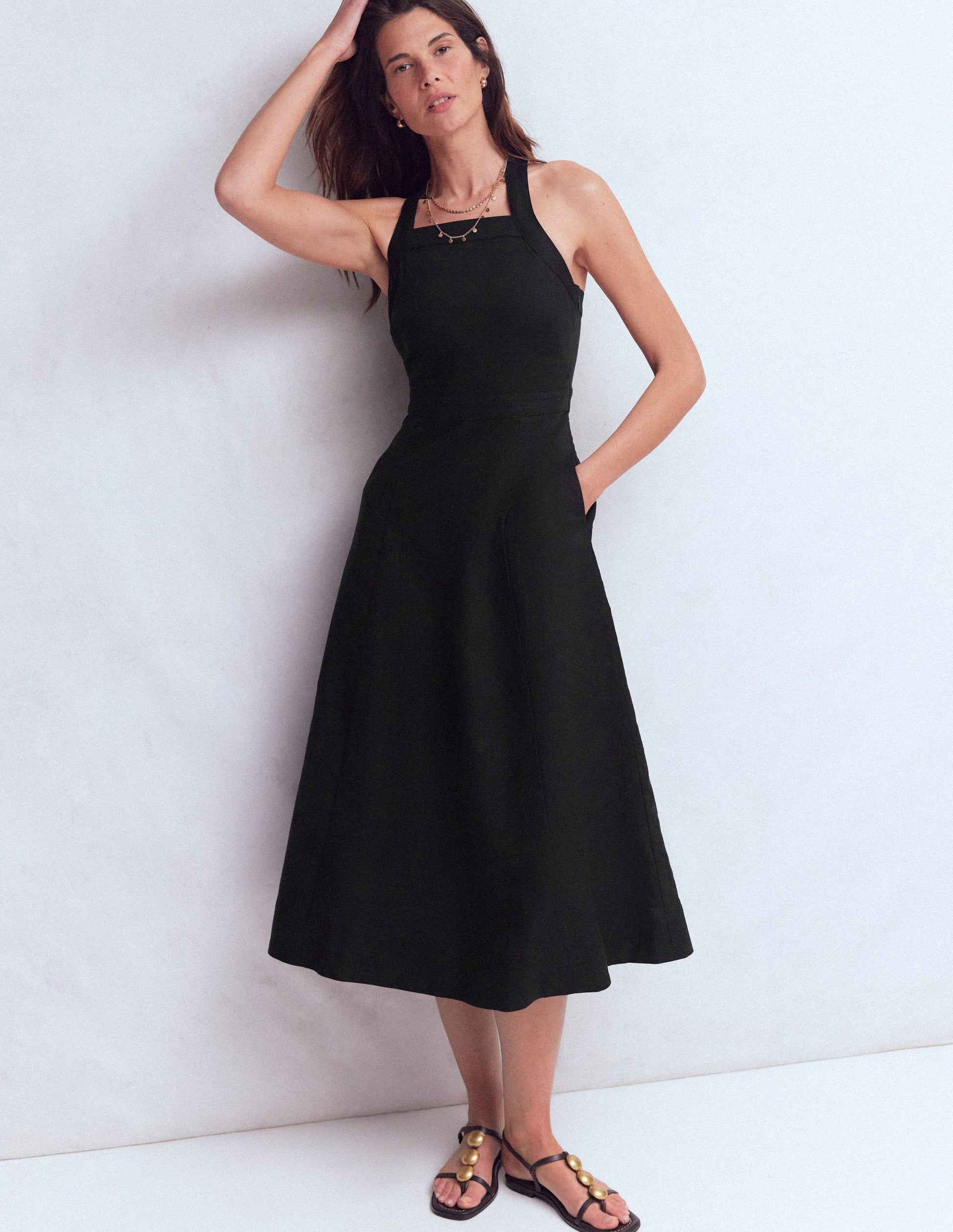 Kleid aus Leinenmischmischgewebe mit überkreuzten Rückenträgern-Schwarz-1