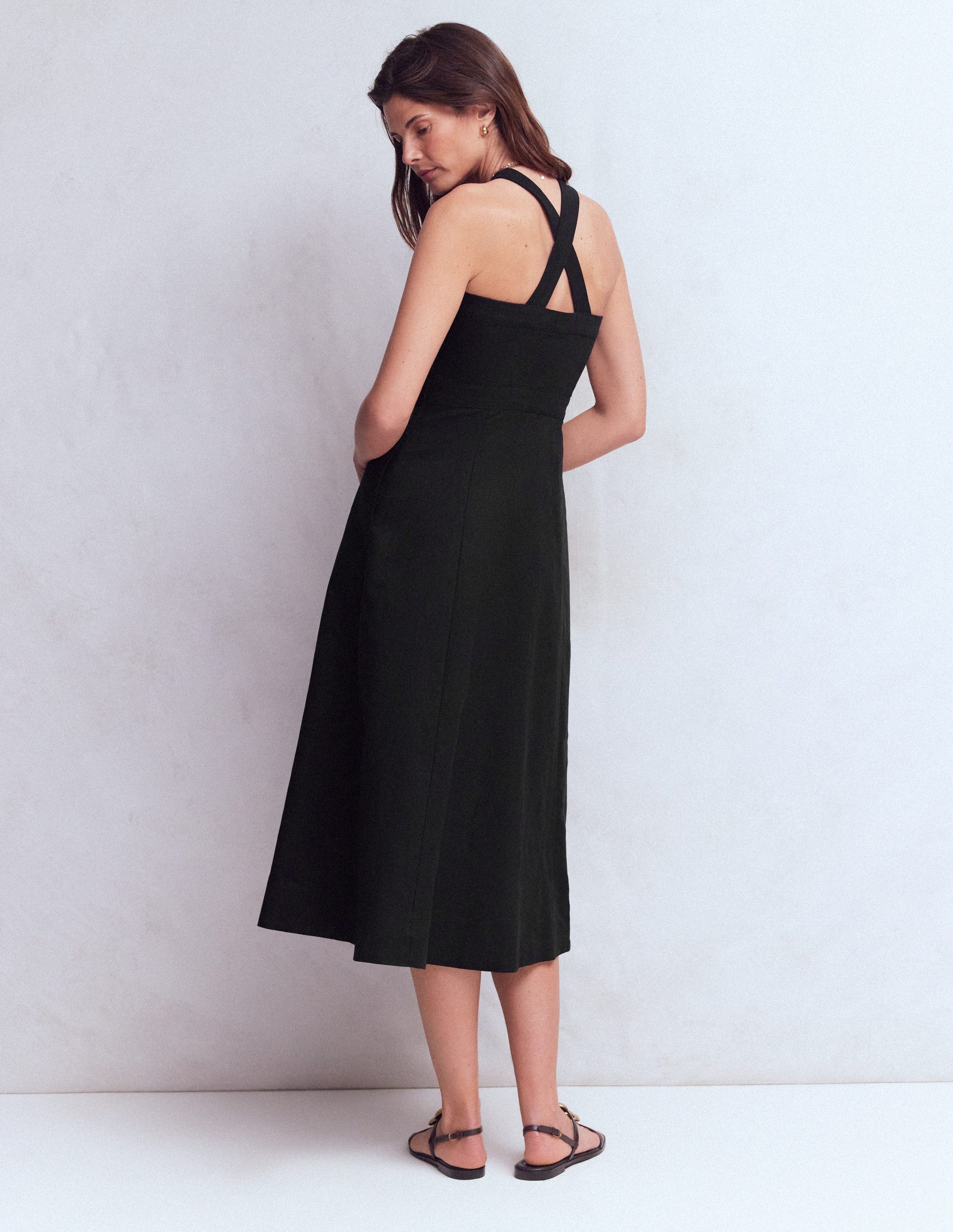 Kleid aus Leinenmischmischgewebe mit überkreuzten Rückenträgern-Schwarz-3