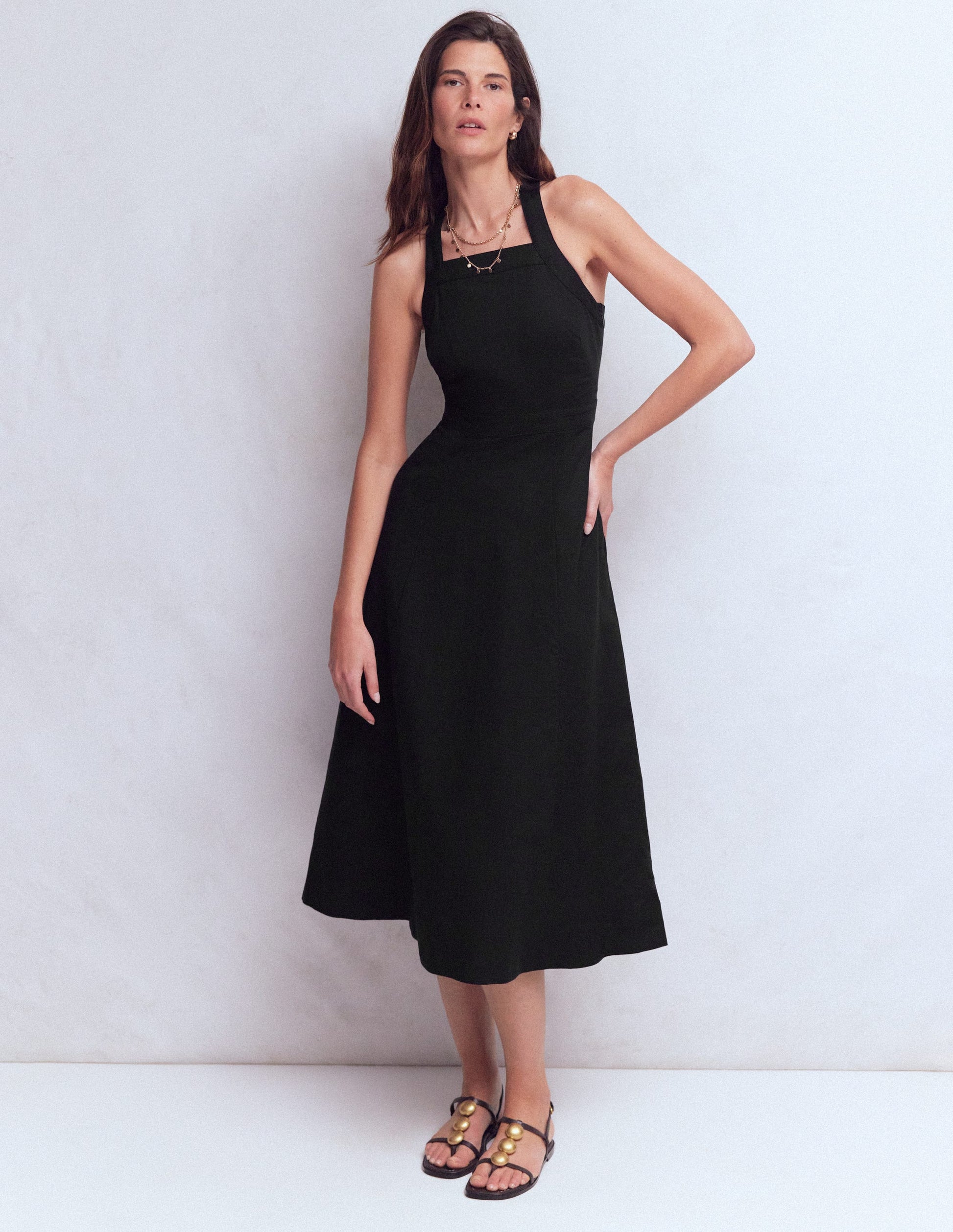 Kleid aus Leinenmischmischgewebe mit überkreuzten Rückenträgern-Schwarz-4
