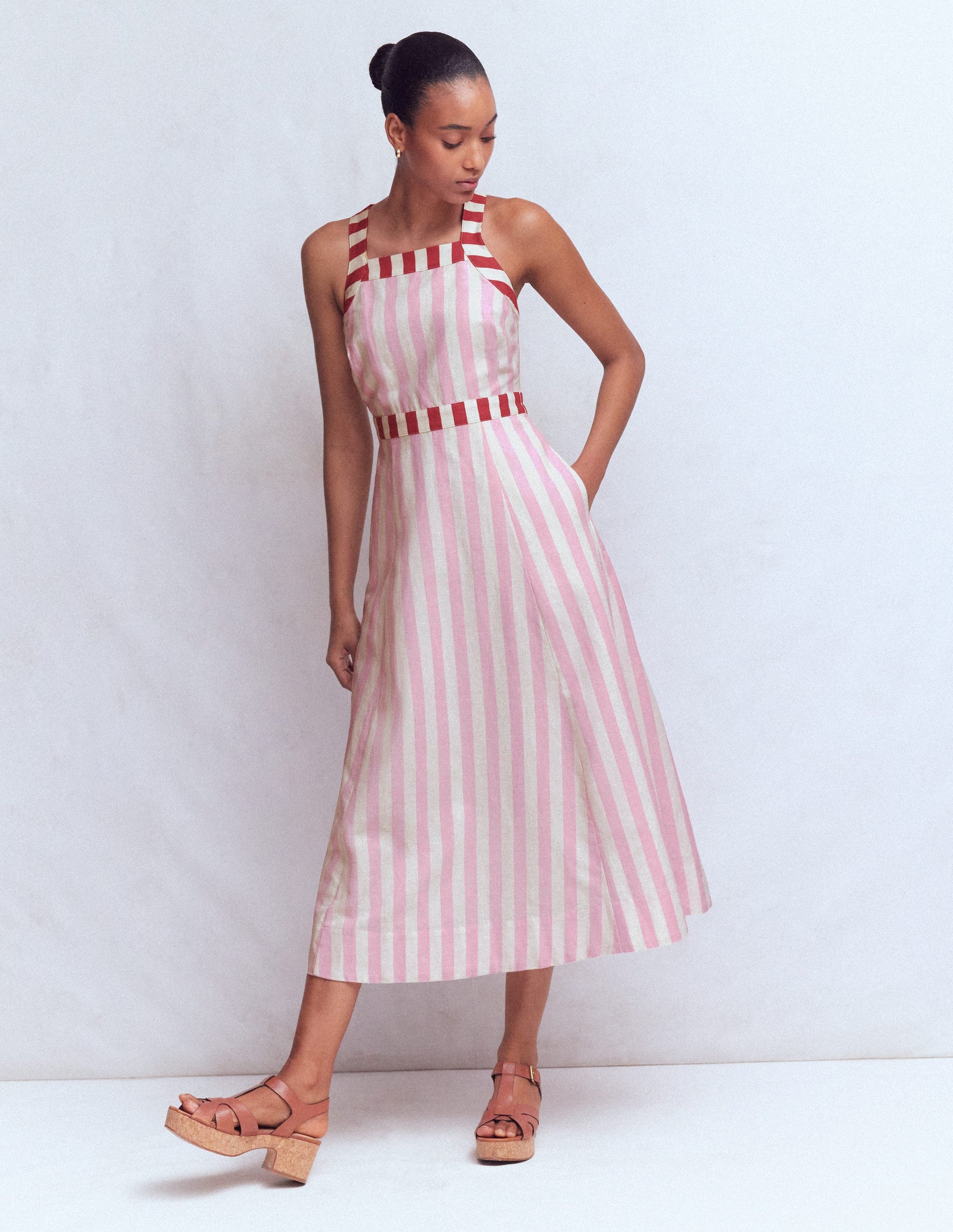 Kleid aus Leinenmischmischgewebe mit überkreuzten Rückenträgern-Orchideenrosa Streifen-6