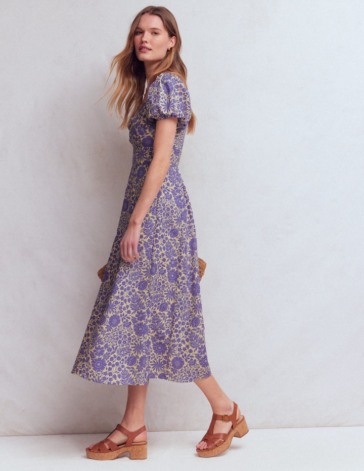 Kleid aus Leinenmischgewebe mit Twistdetail vorne-Han Violett, Blütenmuster