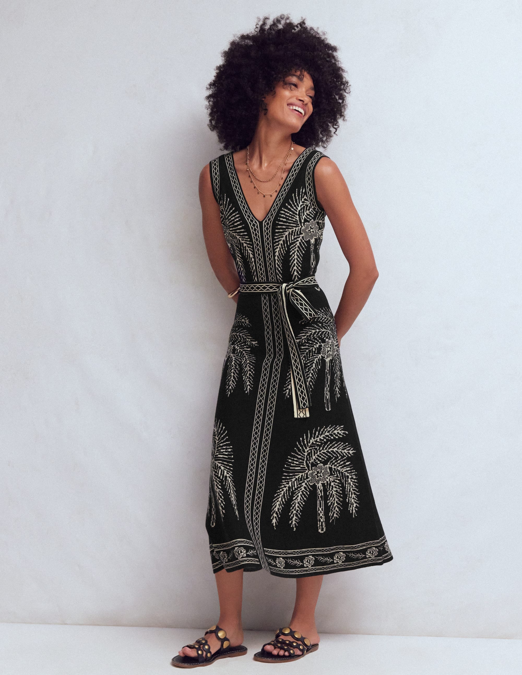 Robe à col V en jacquard-Jacquard palmier - Image 1