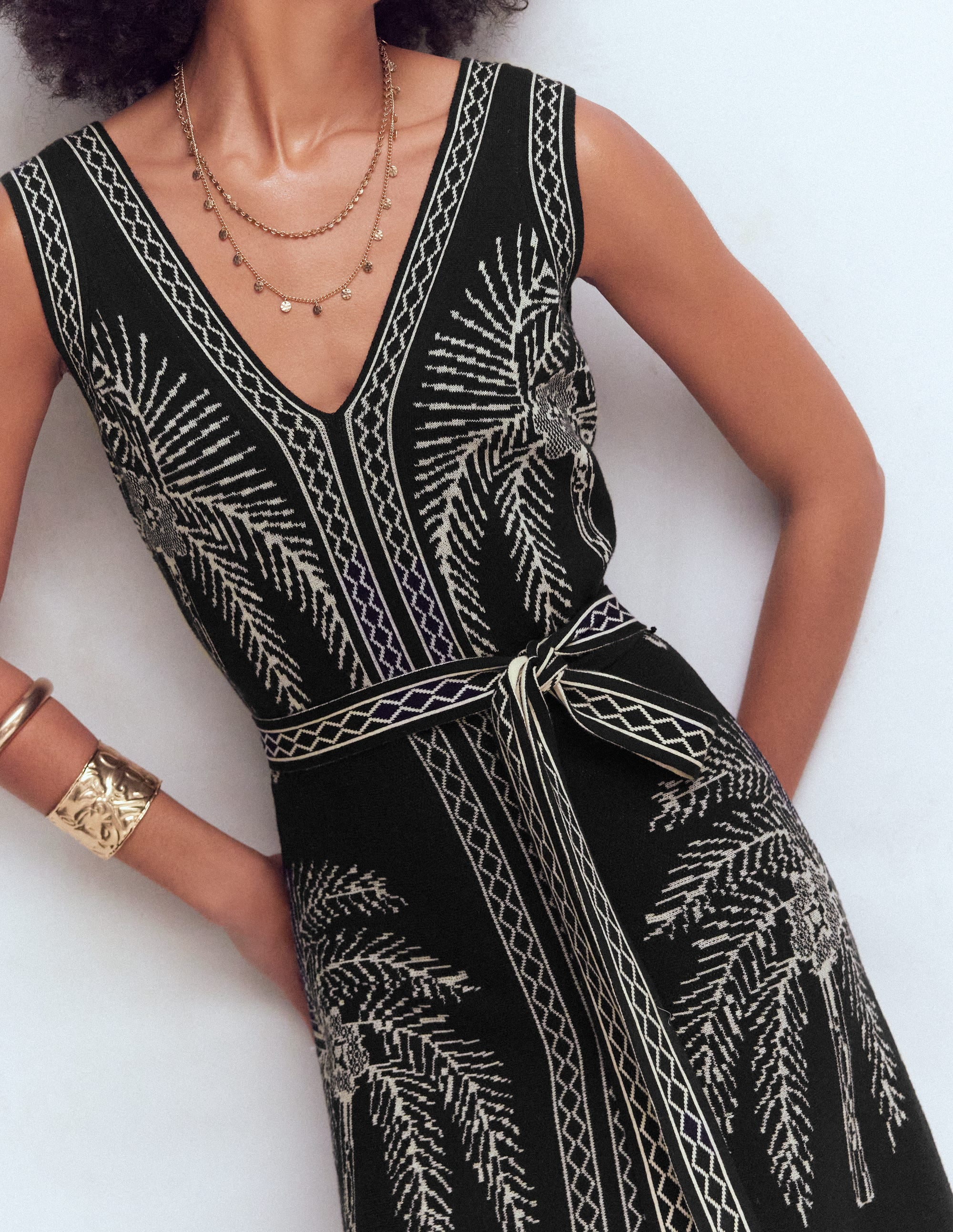 Robe à col V en jacquard-Jacquard palmier - Image 2