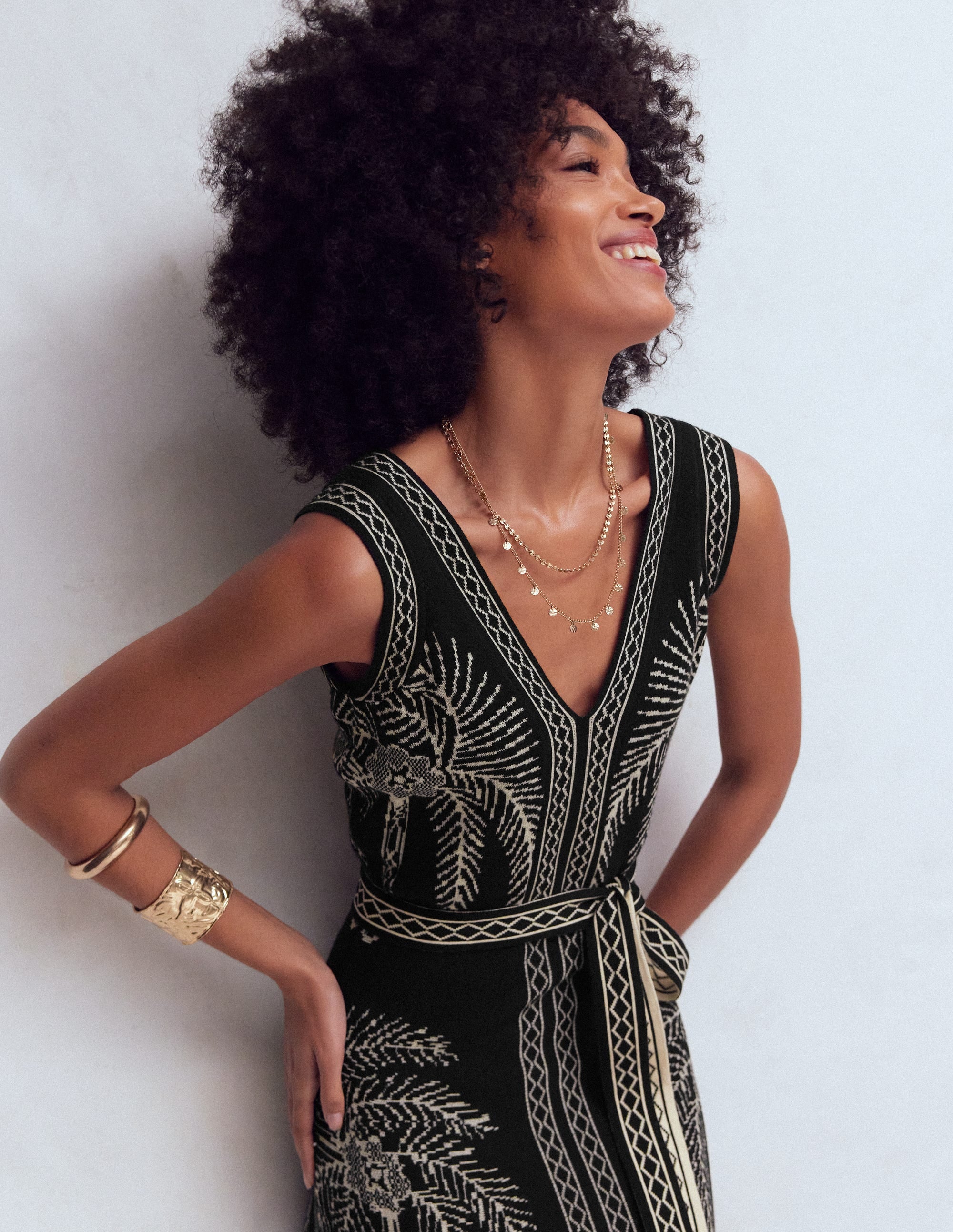 Robe à col V en jacquard-Jacquard palmier - Image 4