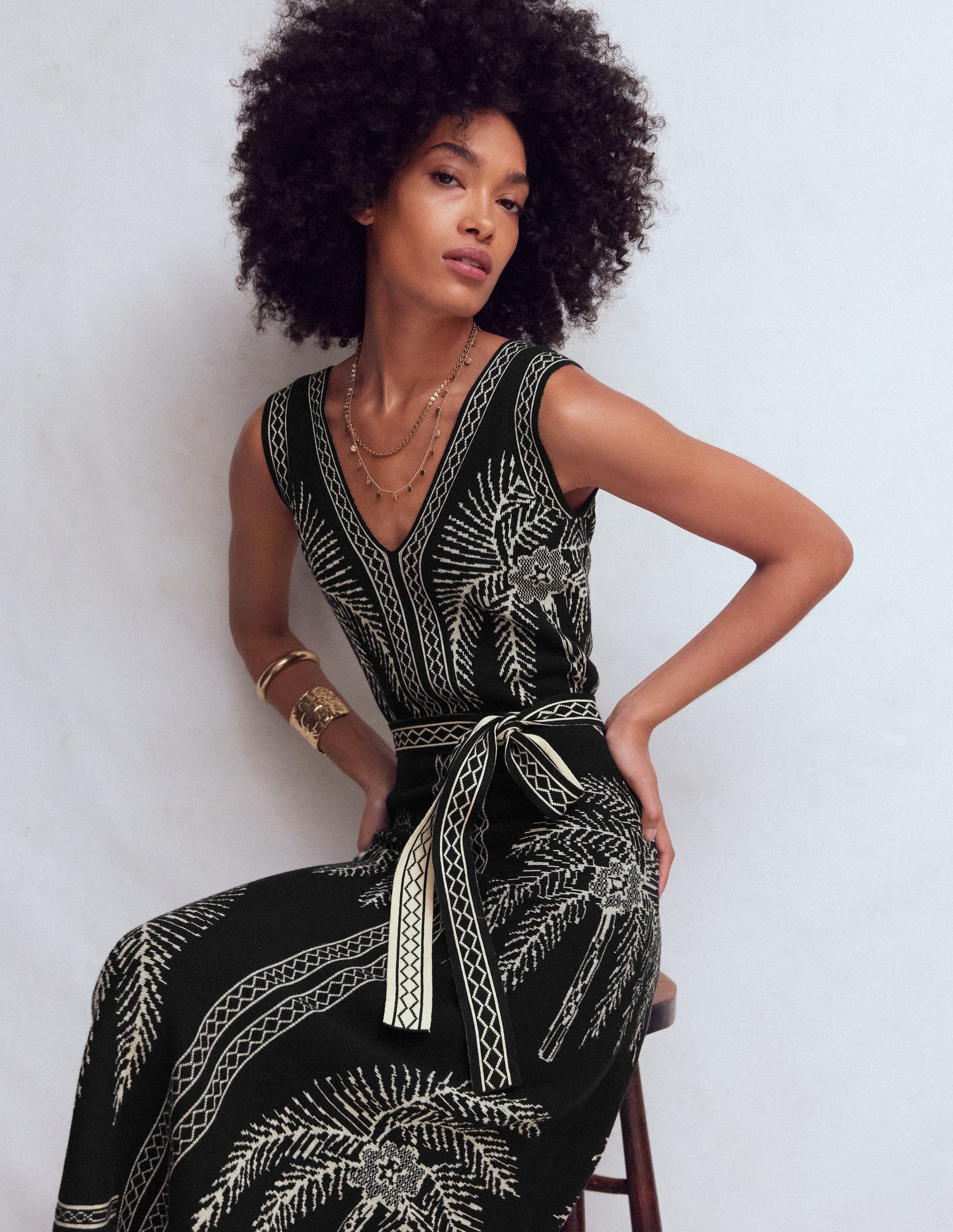 Robe à col V en jacquard-Jacquard palmier - Image 6