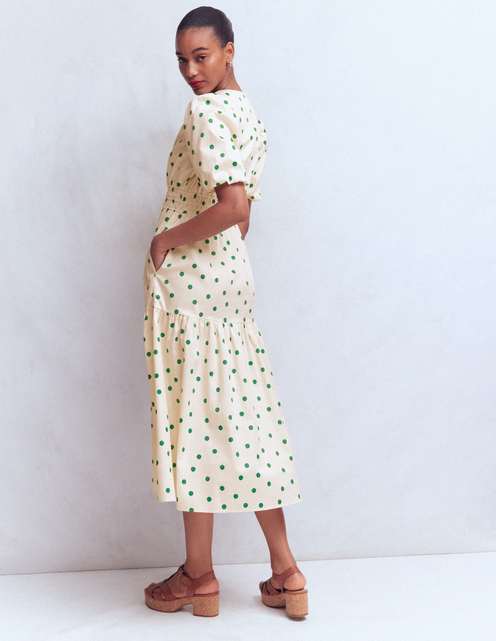 Irene Puff Sleeve Cotton Dress-Papyrus, Painted Dot Spaced - Image 4