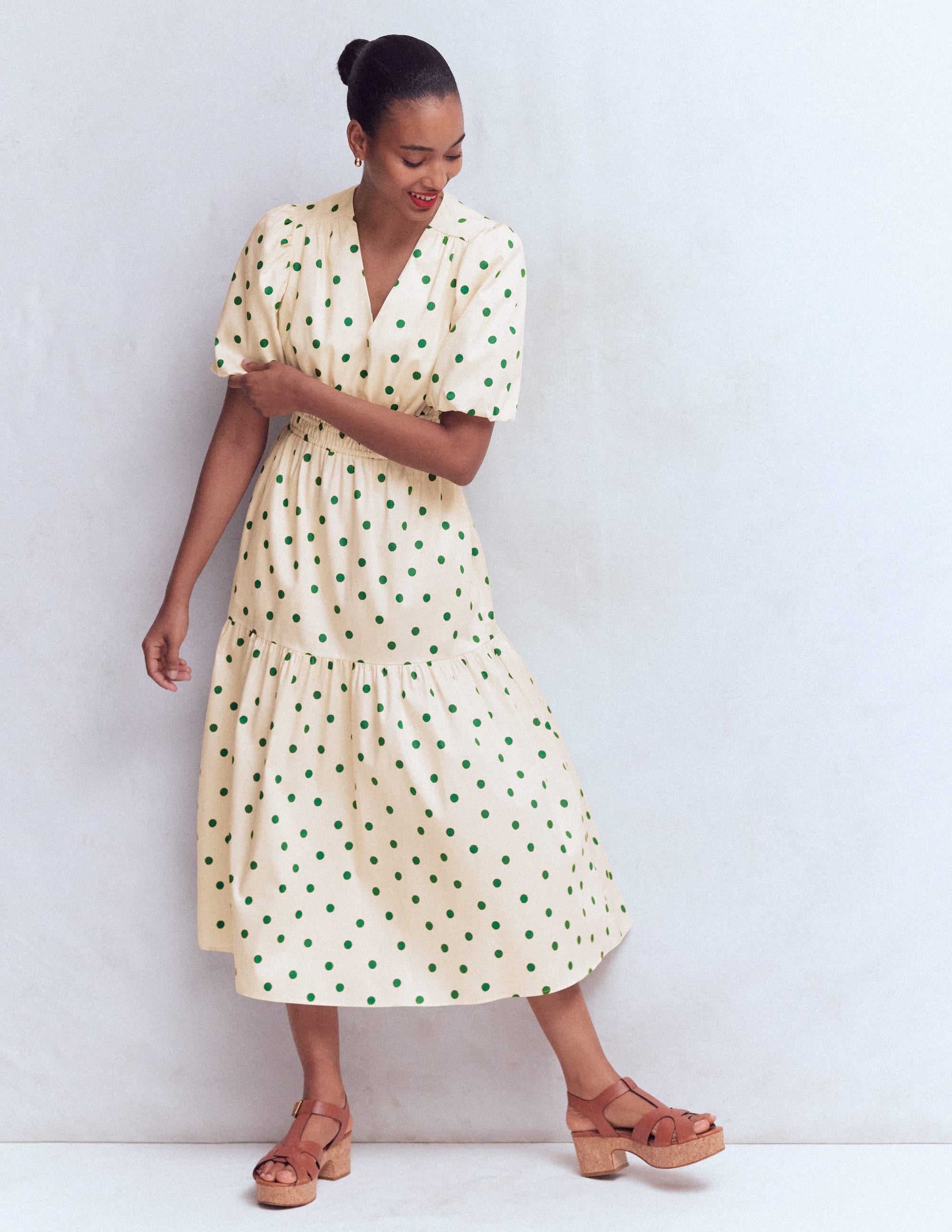 Irene Puff Sleeve Cotton Dress-Papyrus, Painted Dot Spaced - Image 5